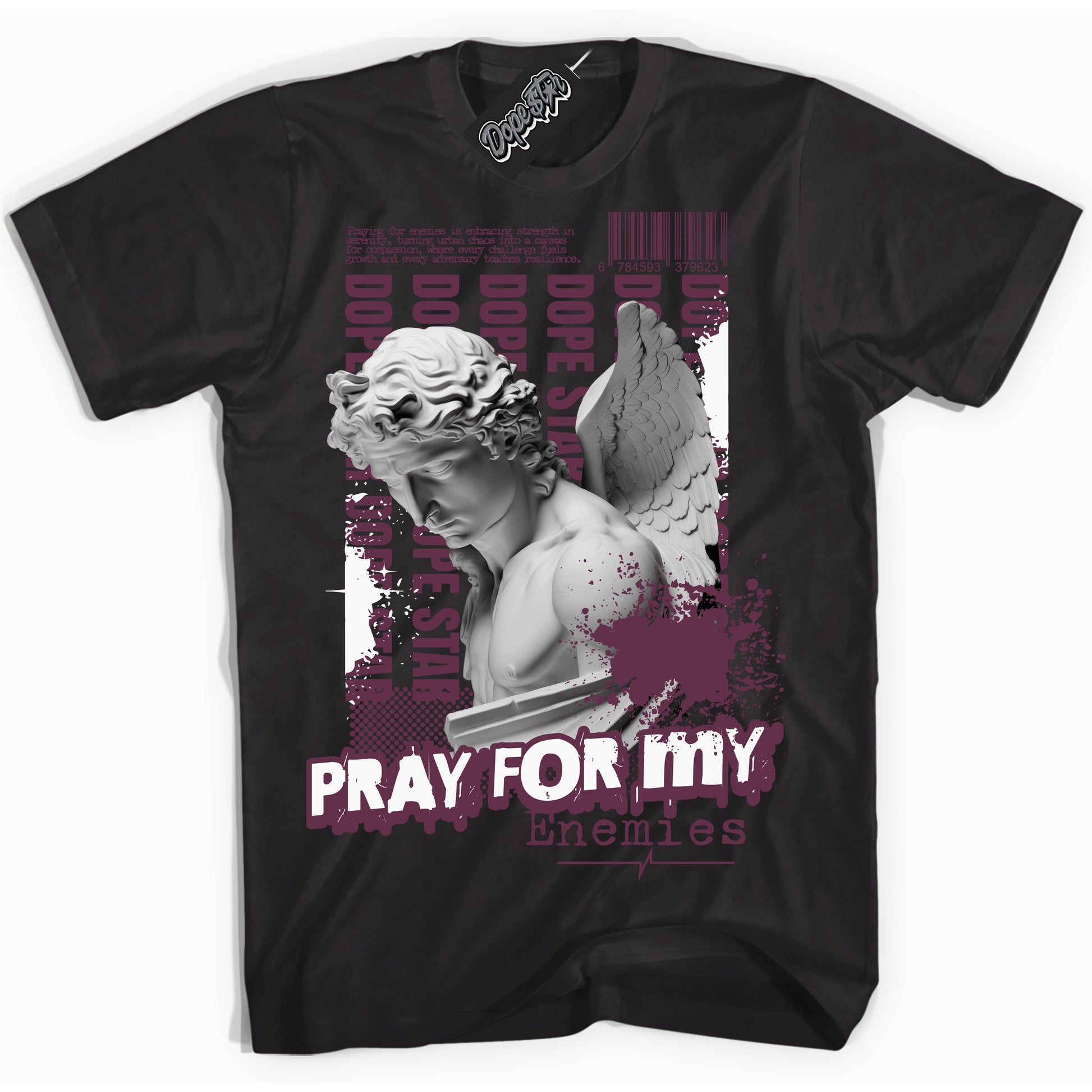 Cool Black Shirt with “ Pray Enemies” design that perfectly matches White Viotech Dunks.