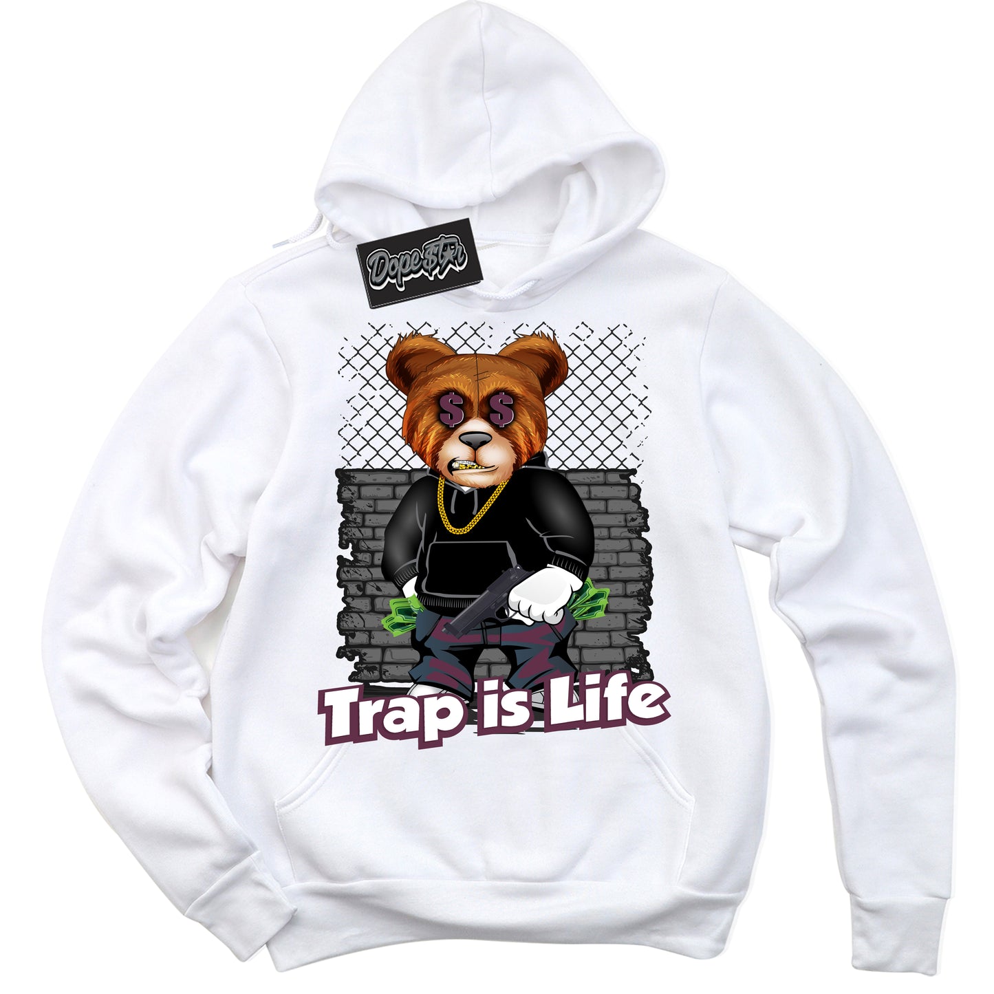 Cool White Hoodie with “Trap Is Life” design that Perfectly Matches White Viotech Dunks.