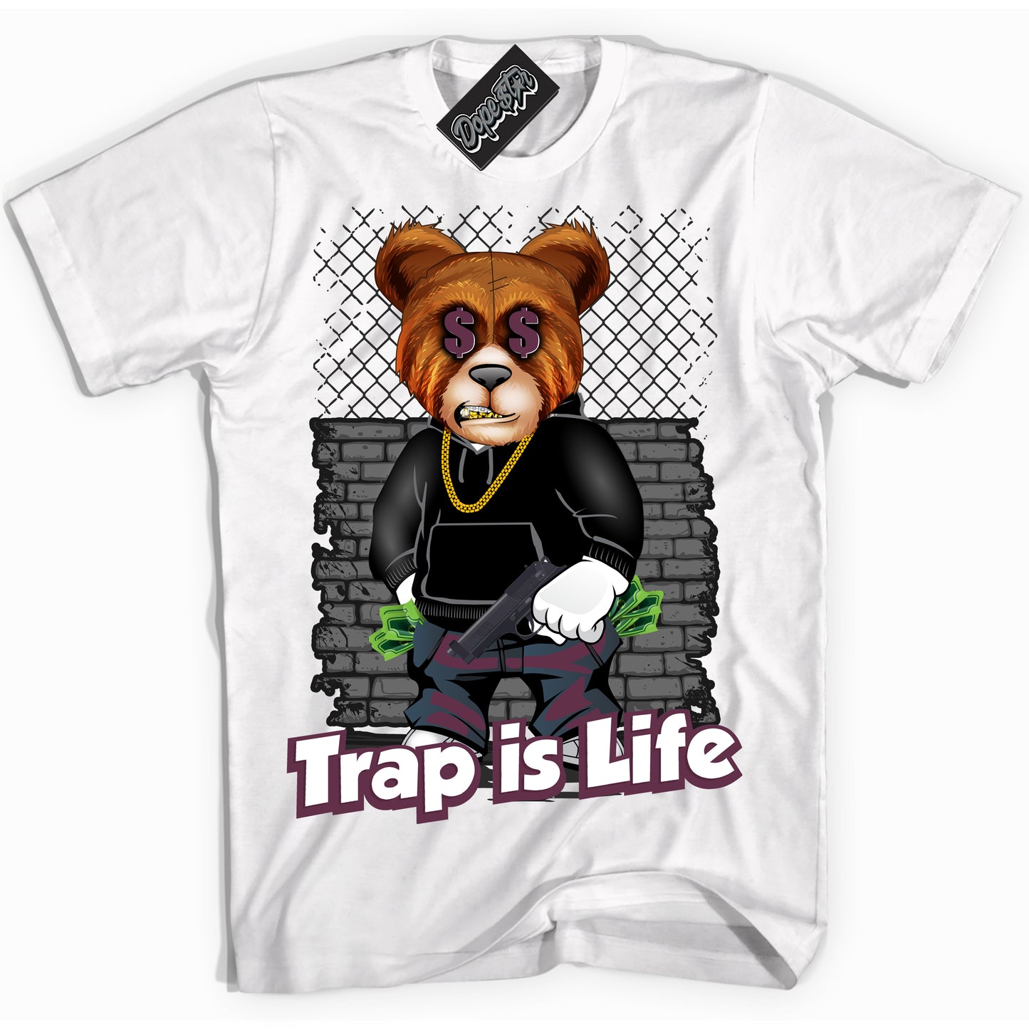 Cool White Shirt with  Trap Is Life” design that perfectly matches White Viotech Dunks.