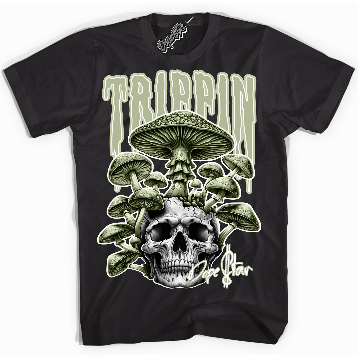 Cool Black Shirt with “Trippin” design that perfectly matches Next Nature Olive Aura Dunk.