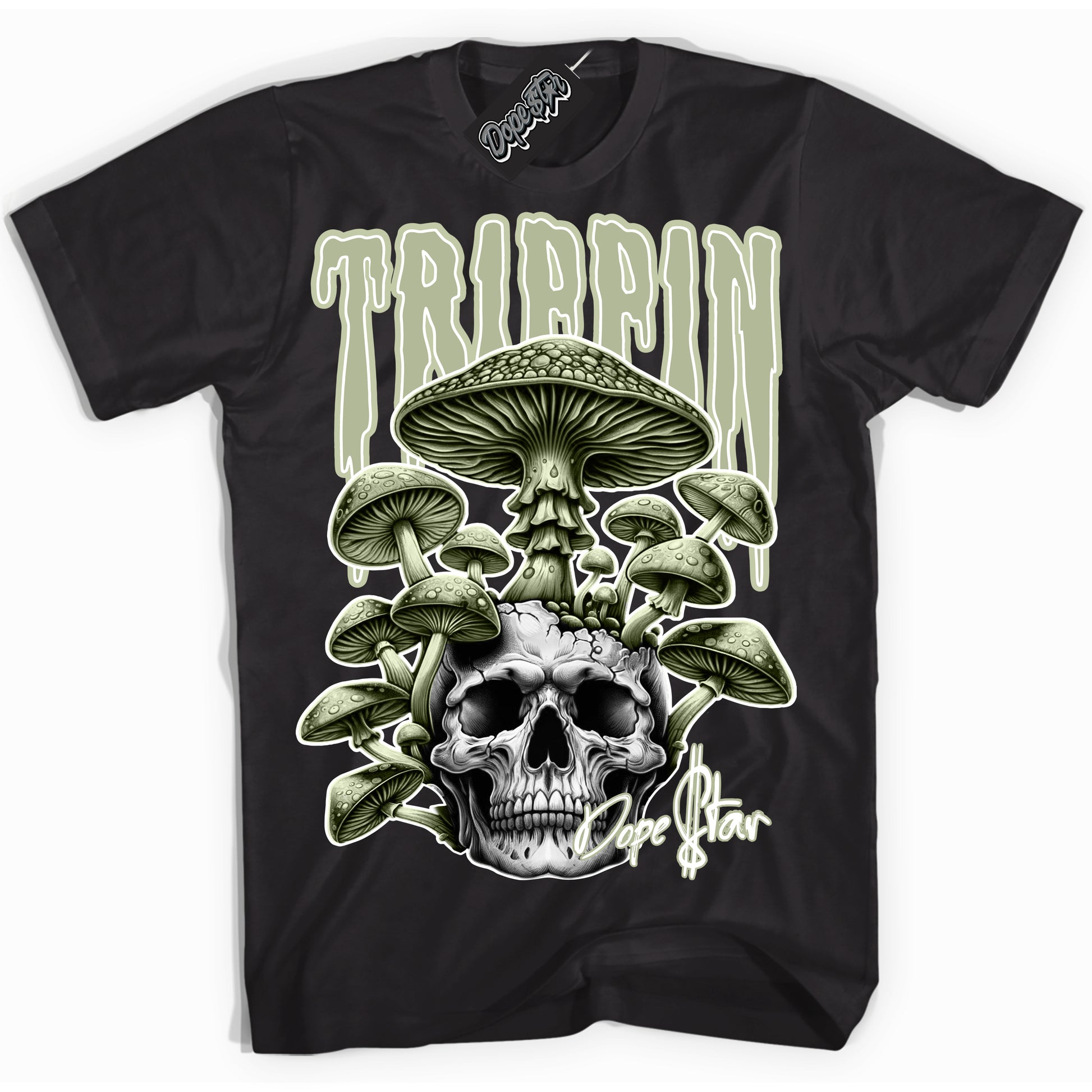 Cool Black Shirt with “Trippin” design that perfectly matches Next Nature Olive Aura Dunk.