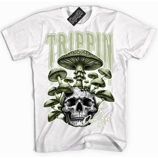 Cool White Shirt with “Trippin” design that perfectly matches Next Nature Olive Aura Dunk.