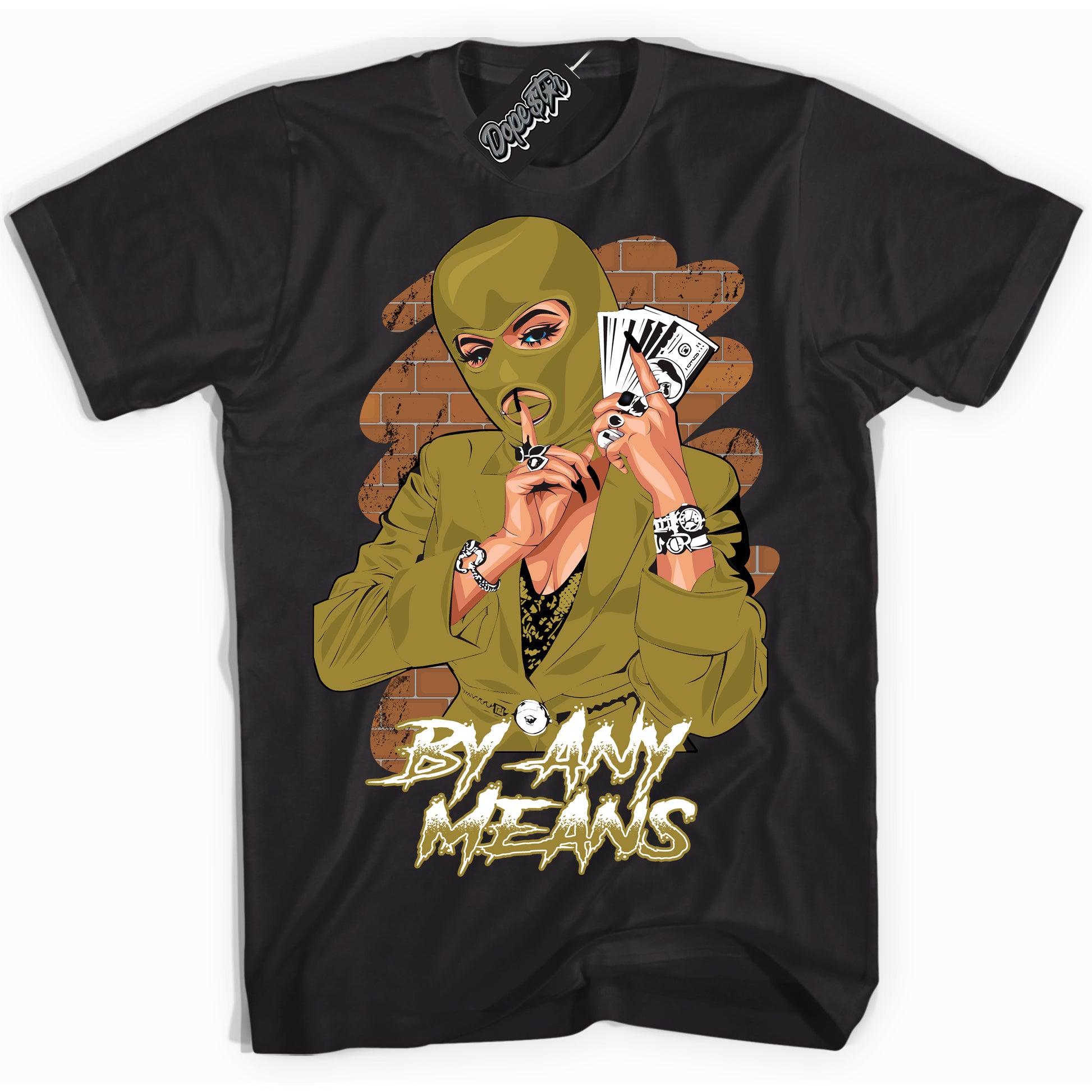 Cool Black Shirt with “By Any Means” design that perfectly matches Pacific Moss Dunks.