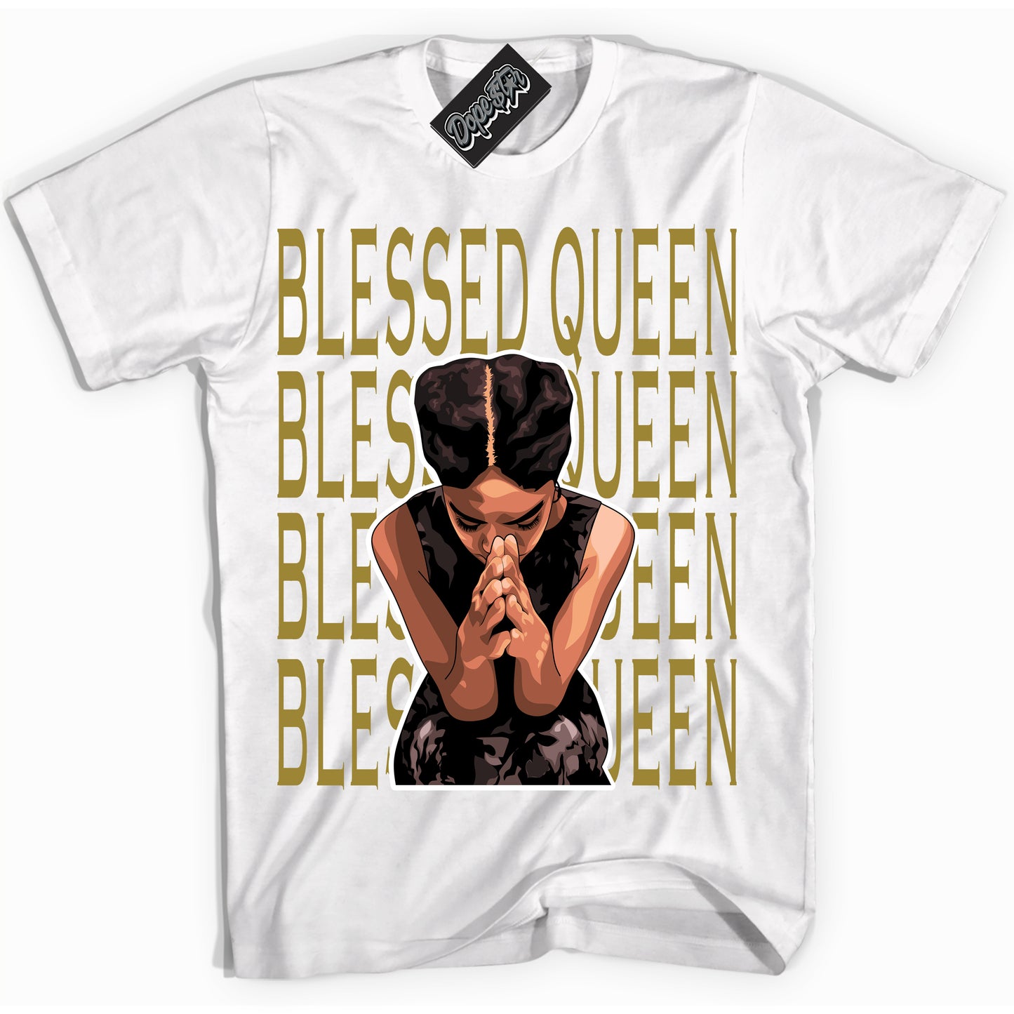 Cool White Shirt with “Blessed Queen” design that perfectly matches Pacific Moss Dunks.