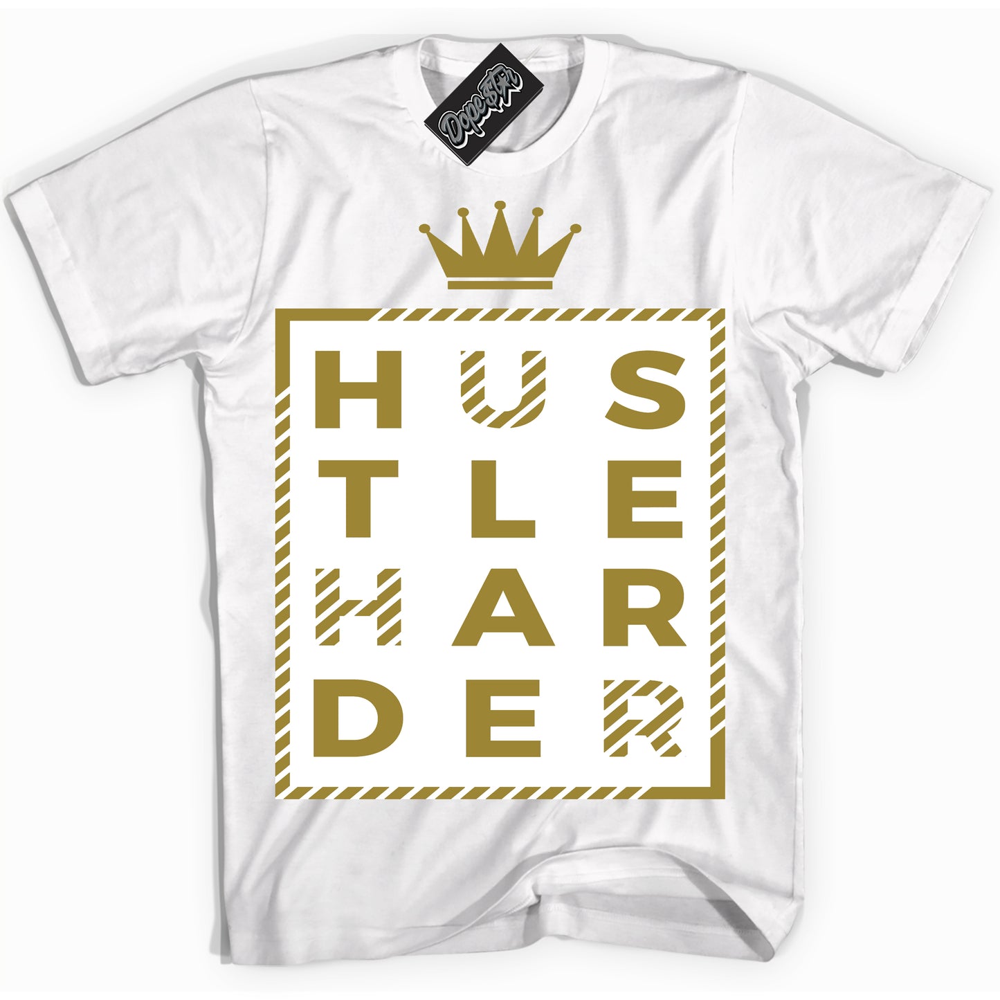 Cool White Shirt with “Hustle Harder” design that perfectly matches Pacific Moss Dunks.