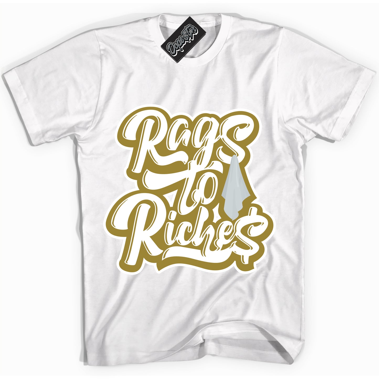 Cool White Shirt with “Rags To Riches” design that perfectly matches Pacific Moss Dunks.