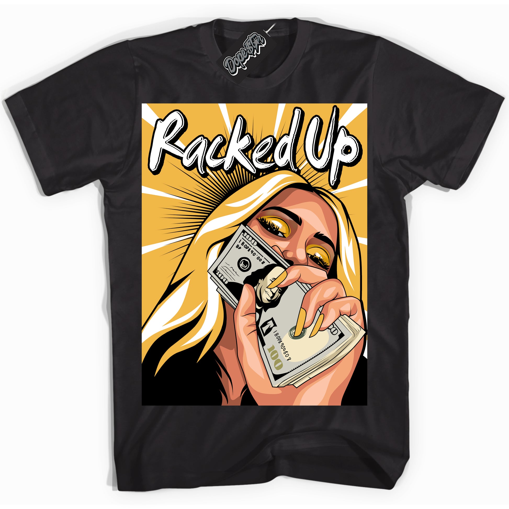Cool Black Shirt with “Racked Up” design that perfectly matches Wu Tang Dunk.

