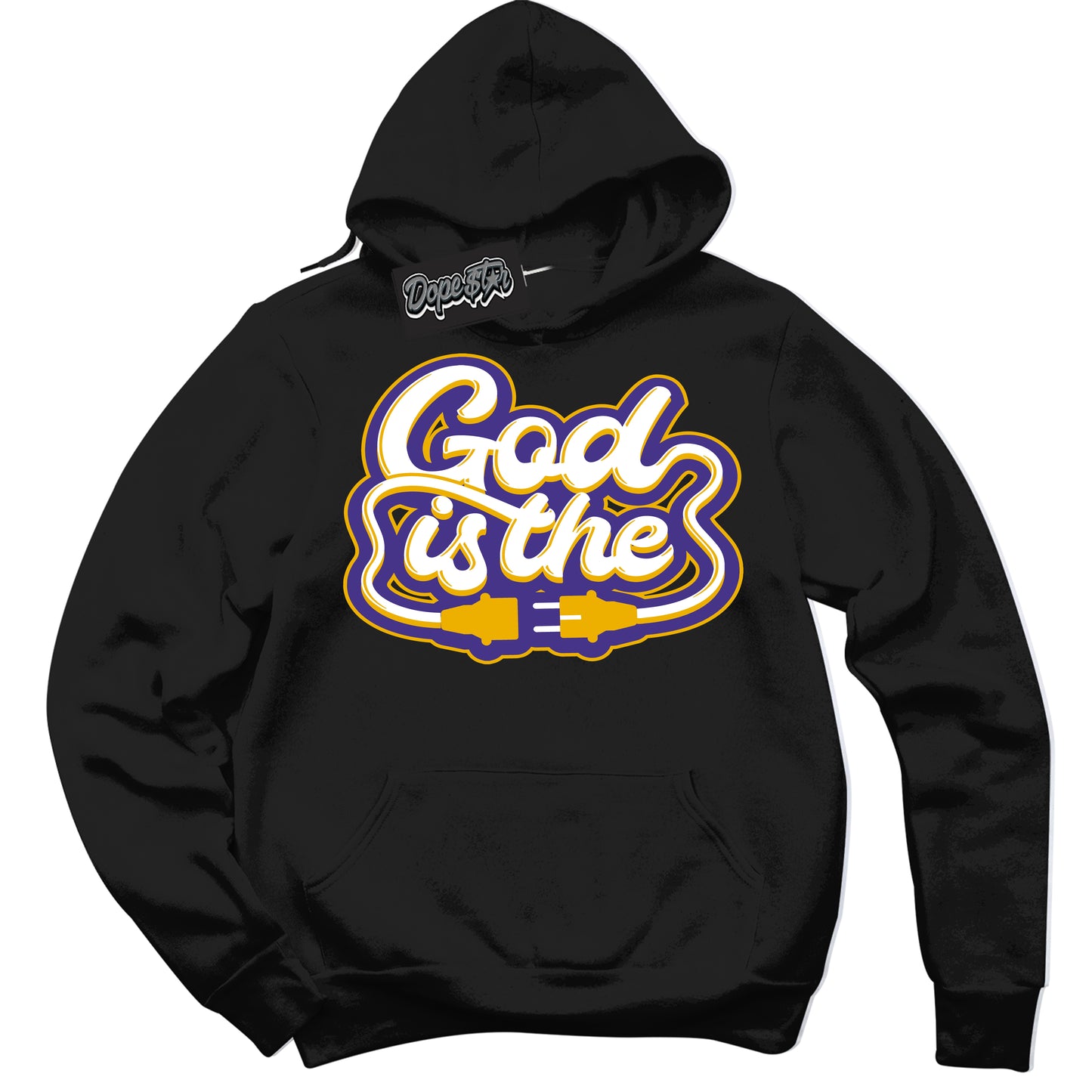 Cool Black Hoodie with “God Is The” design that Perfectly Matches Air Force 1 QS Kobe Lakers Home Sneakers.
