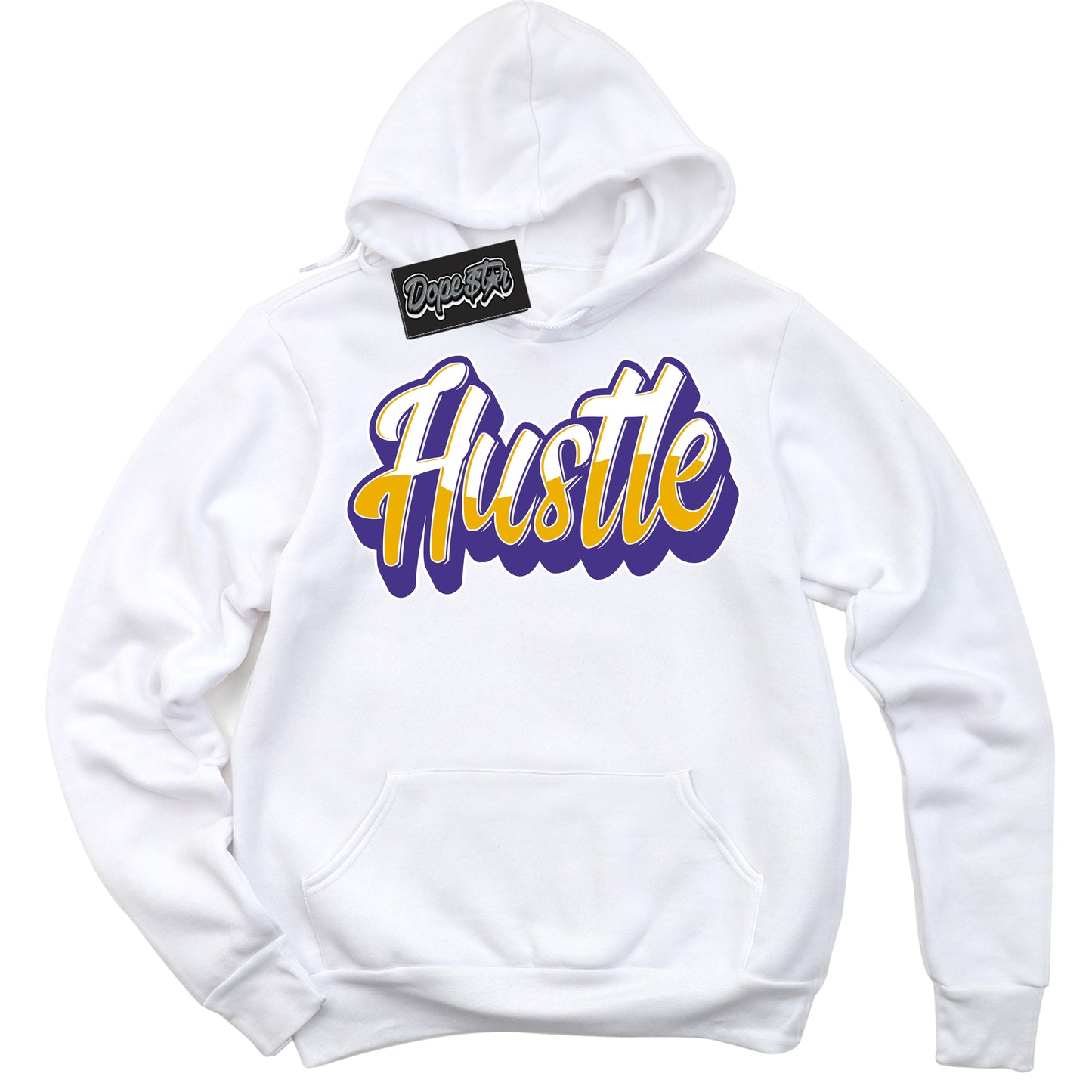 Cool White Hoodie with “Hustle” design that Perfectly Matches Air Force 1 QS Kobe Lakers Home Sneakers.

