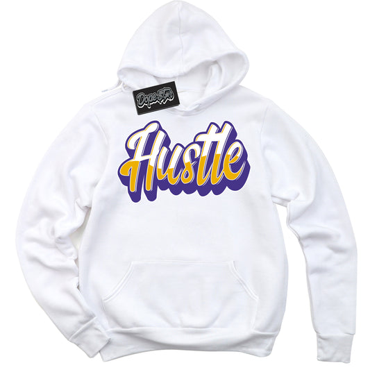 Cool White Hoodie with “Hustle” design that Perfectly Matches Air Force 1 QS Kobe Lakers Home Sneakers.
