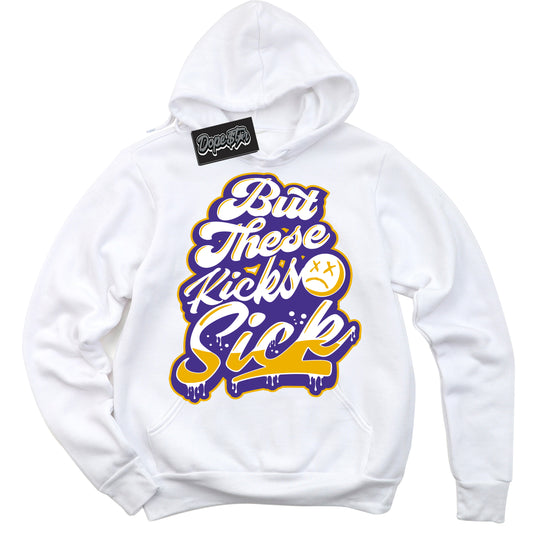 Cool White Hoodie with “Kick Sick” design that Perfectly Matches Air Force 1 QS Kobe Lakers Home Sneakers.
