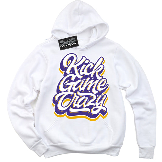 Cool White Hoodie with “Kick Game Crazy” design that Perfectly Matches Air Force 1 QS Kobe Lakers Home Sneakers.
