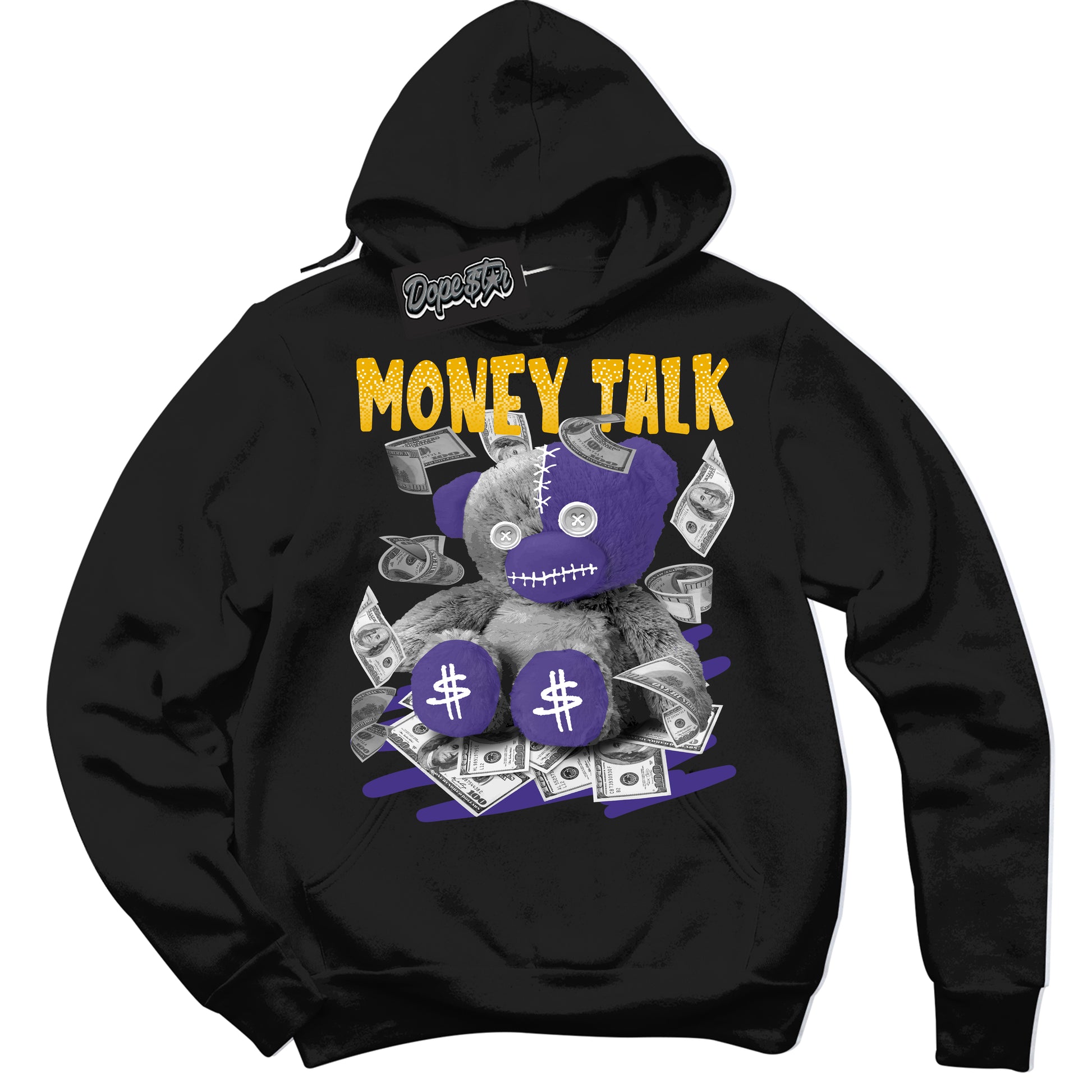 Cool Black Hoodie with “Money Talk Bear” design that Perfectly Matches Air Force 1 QS Kobe Lakers Home Sneakers.
