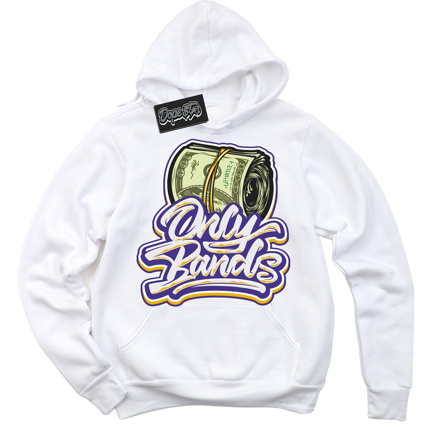 Cool White Hoodie with “Only Bands” design that Perfectly Matches Air Force 1 QS Kobe Lakers Home Sneakers.
