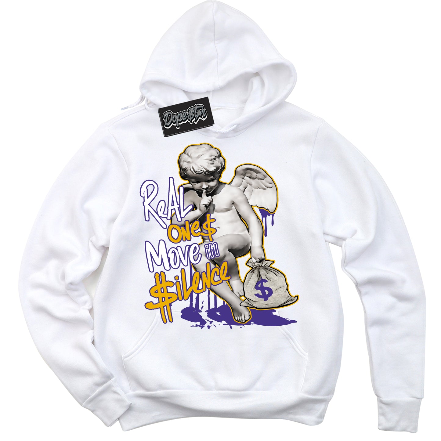 Cool White Hoodie with “Real Ones Cherub” design that Perfectly Matches Air Force 1 QS Kobe Lakers Home Sneakers.
