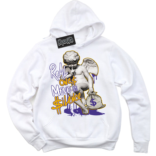 Cool White Hoodie with “Real Ones Cherub” design that Perfectly Matches Air Force 1 QS Kobe Lakers Home Sneakers.
