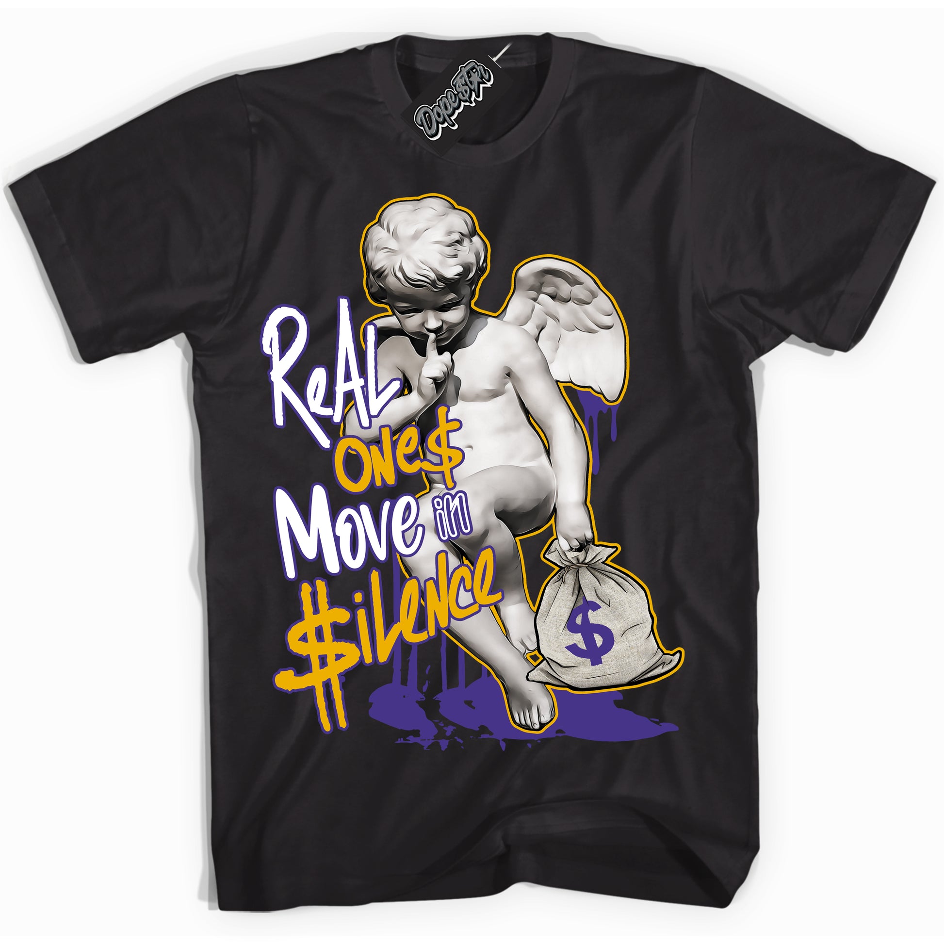 Cool Black Shirt with “Real Ones Cherub” design that perfectly matches the Air Force 1 QS Kobe Lakers Home Sneakers.
