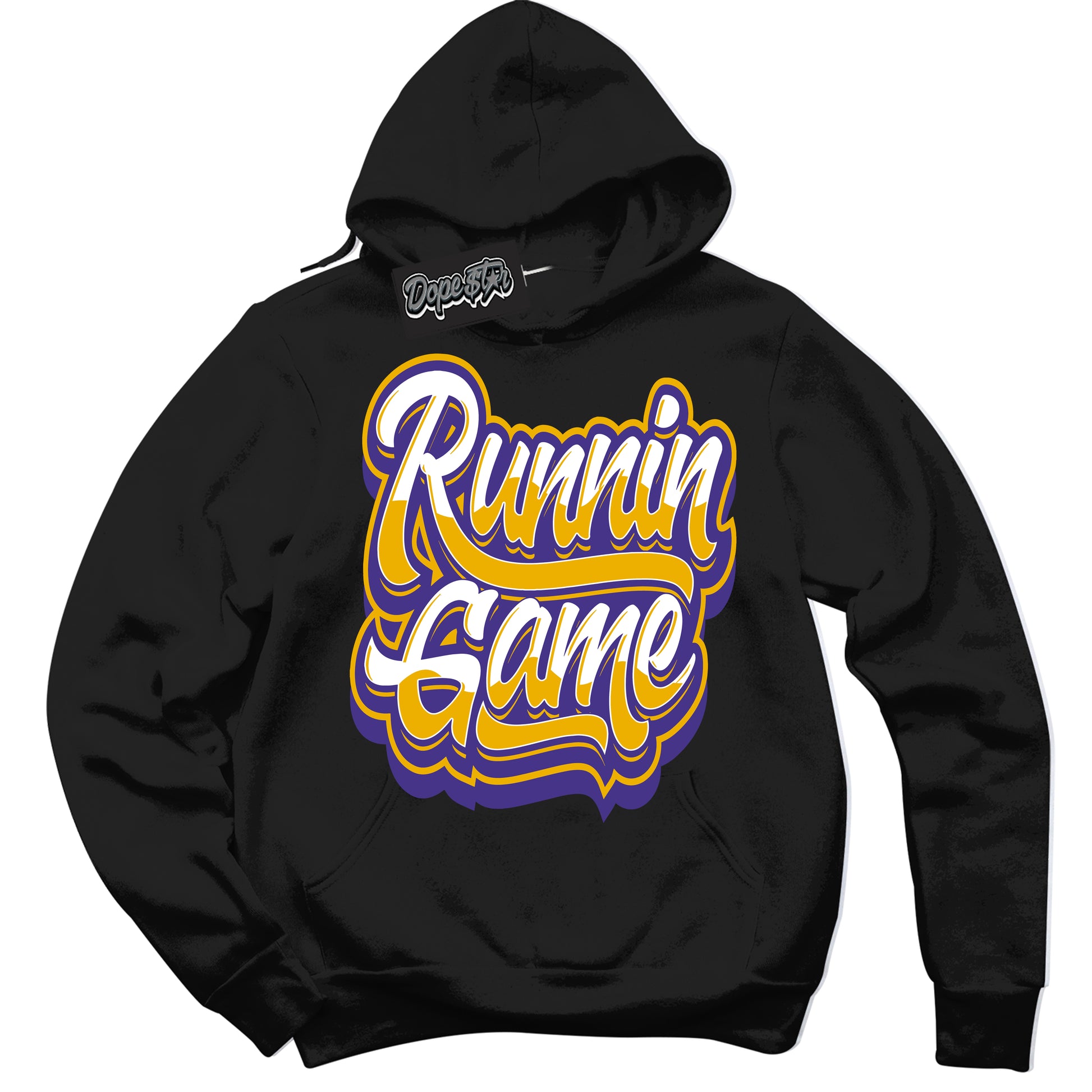 Cool Black Hoodie with “Running Game” design that Perfectly Matches Air Force 1 QS Kobe Lakers Home Sneakers.
