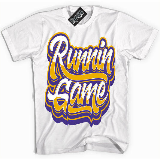 Cool White Shirt with “Running Game” design that perfectly matches the Air Force 1 QS Kobe Lakers Home Sneakers.
