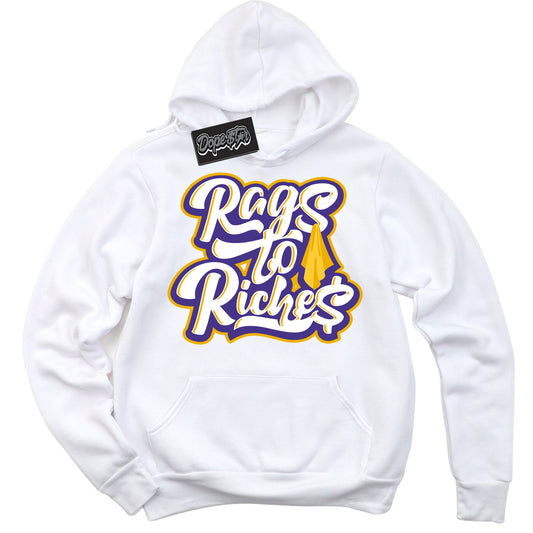 Cool White Hoodie with “Rags To Riches” design that Perfectly Matches Air Force 1 QS Kobe Lakers Home Sneakers.
