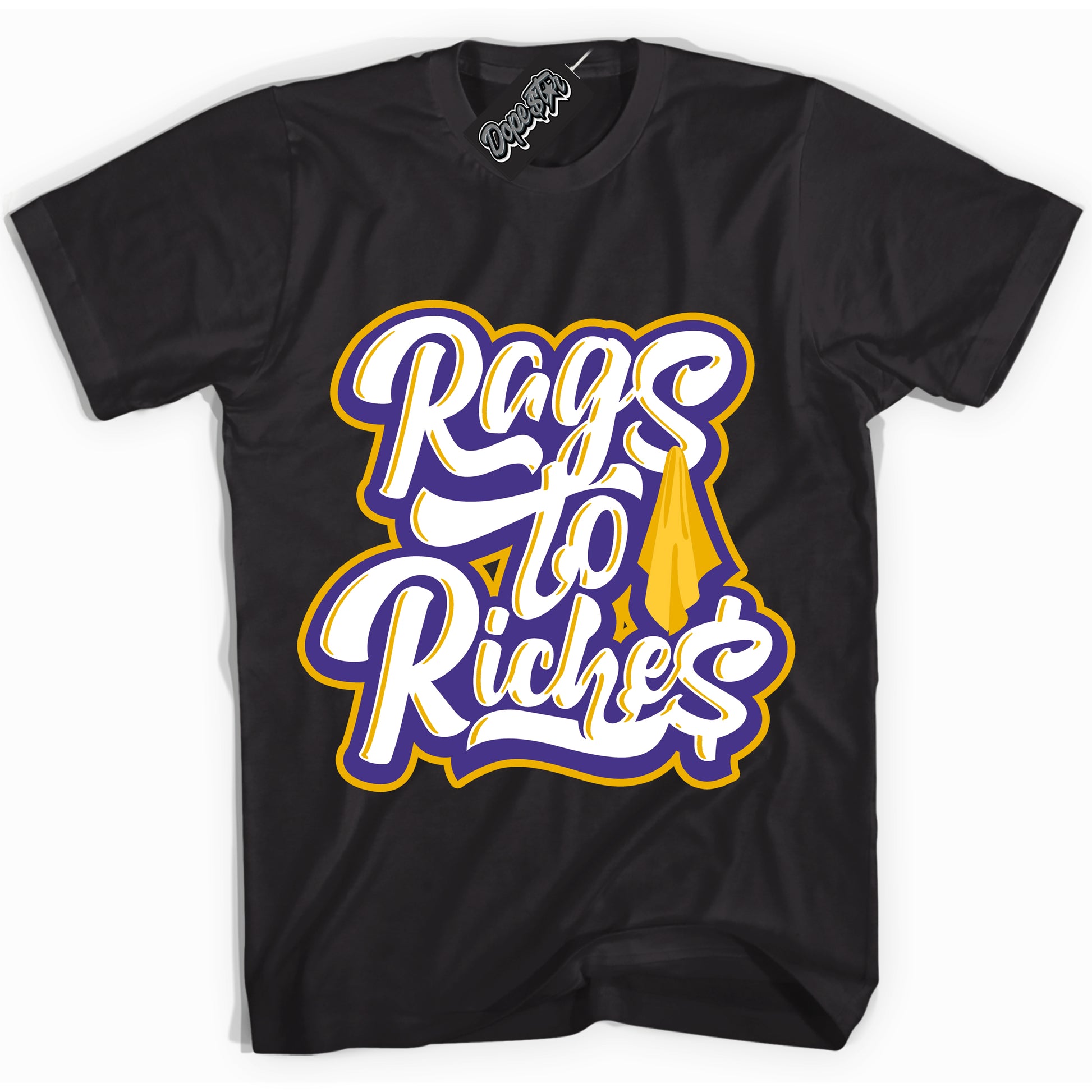 Cool Black Shirt with “Rags To Riches” design that perfectly matches the Air Force 1 QS Kobe Lakers Home Sneakers.
