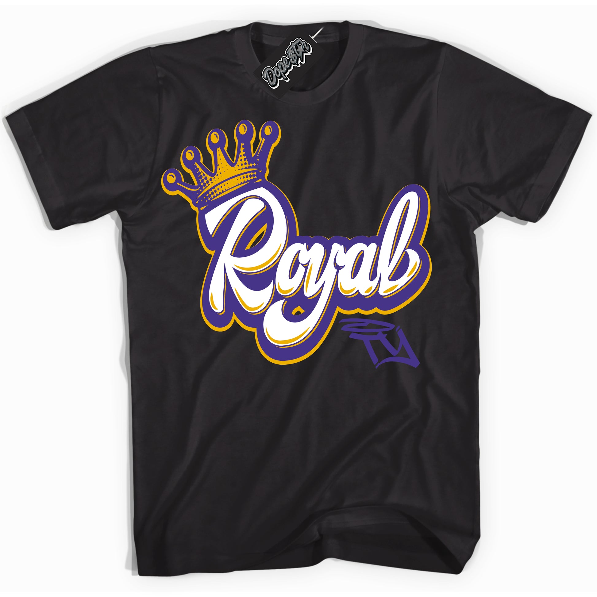 Cool Black Shirt with “Royalty” design that perfectly matches the Air Force 1 QS Kobe Lakers Home Sneakers.
