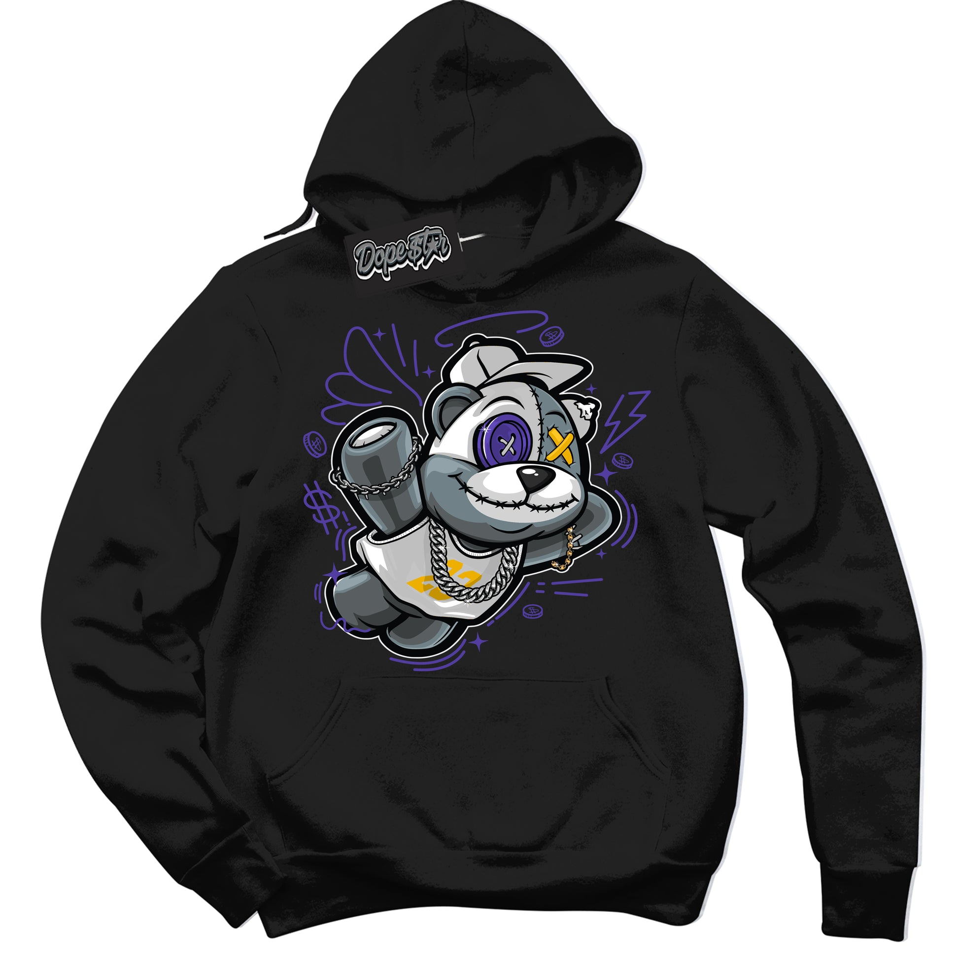 Cool Black Hoodie with “Slam Dunk Bear” design that Perfectly Matches Air Force 1 QS Kobe Lakers Home Sneakers.
