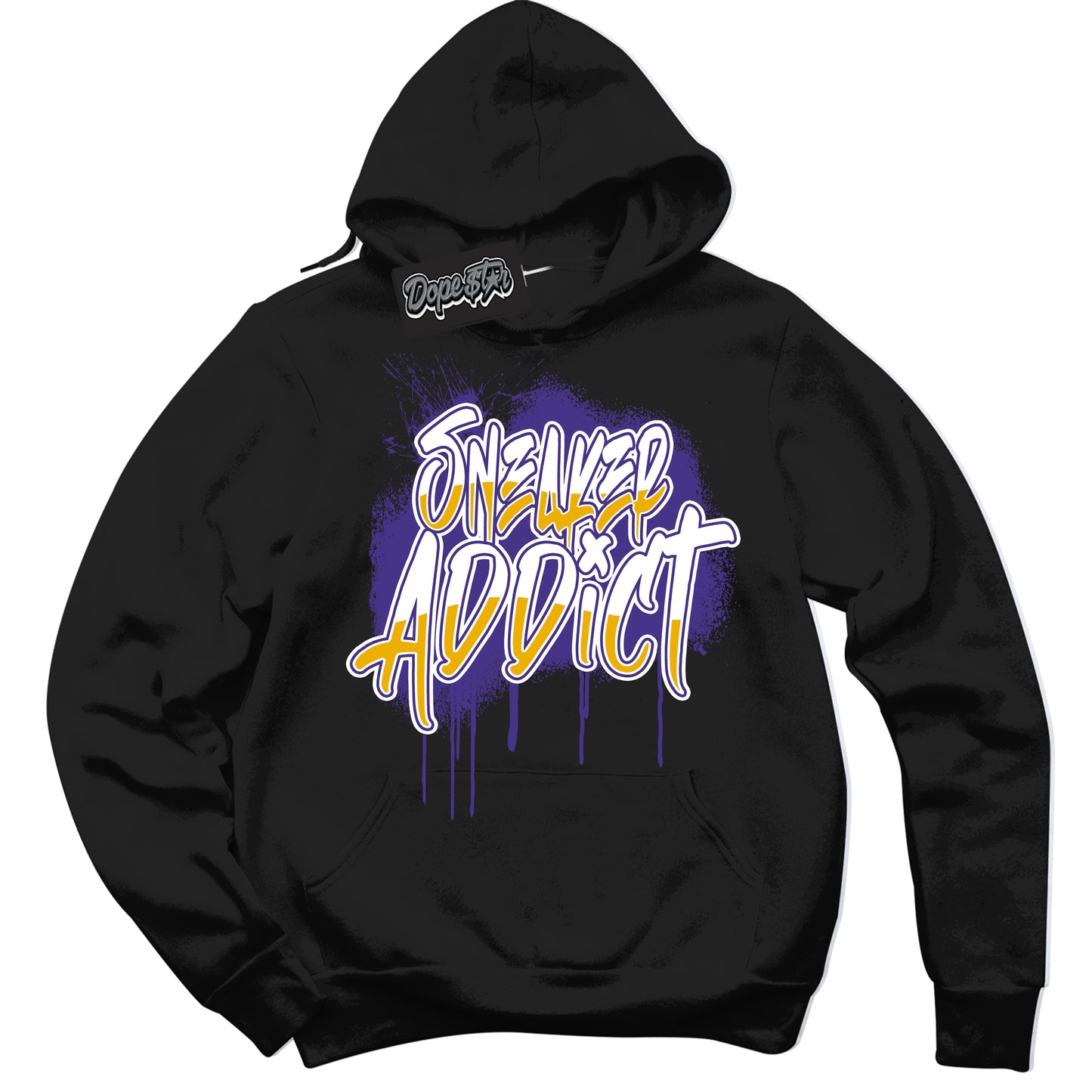 Cool Black Hoodie with “Sneaker Addict” design that Perfectly Matches Air Force 1 QS Kobe Lakers Home Sneakers.
