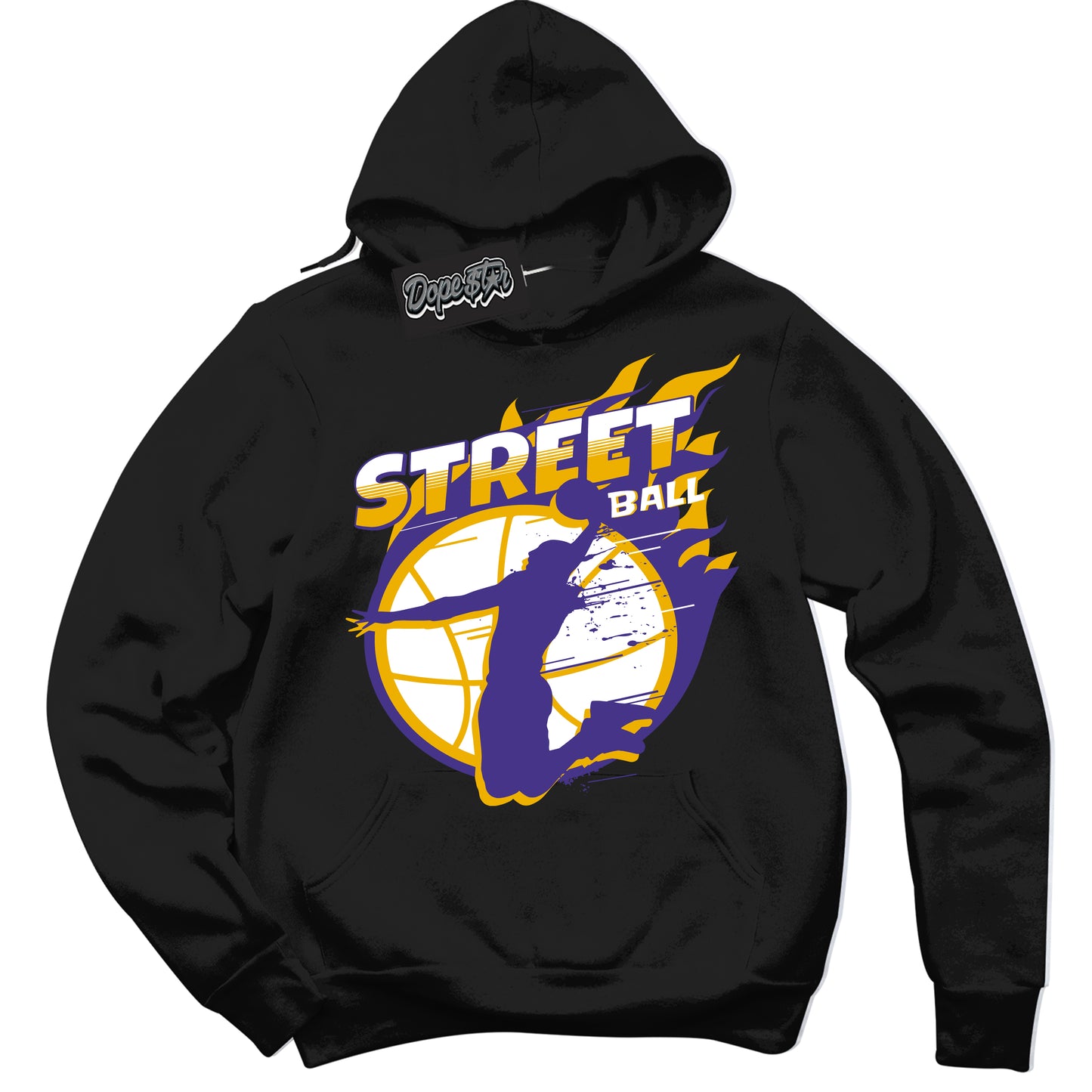 Cool Black Hoodie with “Street Ball” design that Perfectly Matches Air Force 1 QS Kobe Lakers Home Sneakers.
