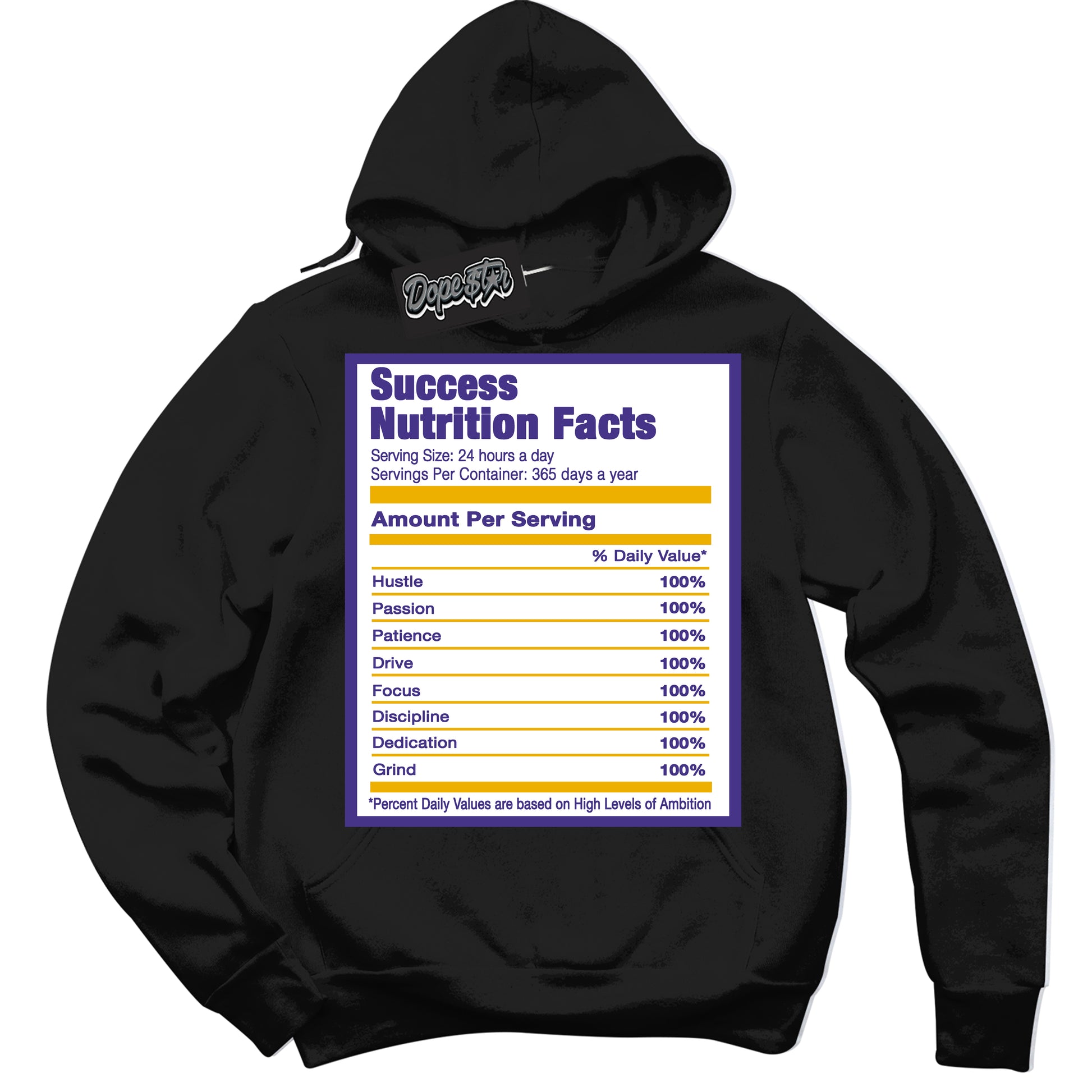 Cool Black Hoodie with “Success Nutrition” design that Perfectly Matches Air Force 1 QS Kobe Lakers Home Sneakers.

