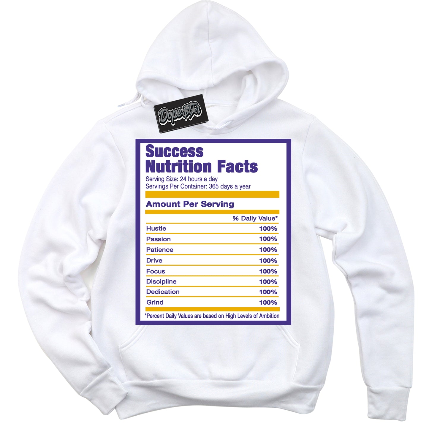 Cool White Hoodie with “Success Nutrition” design that Perfectly Matches Air Force 1 QS Kobe Lakers Home Sneakers.

