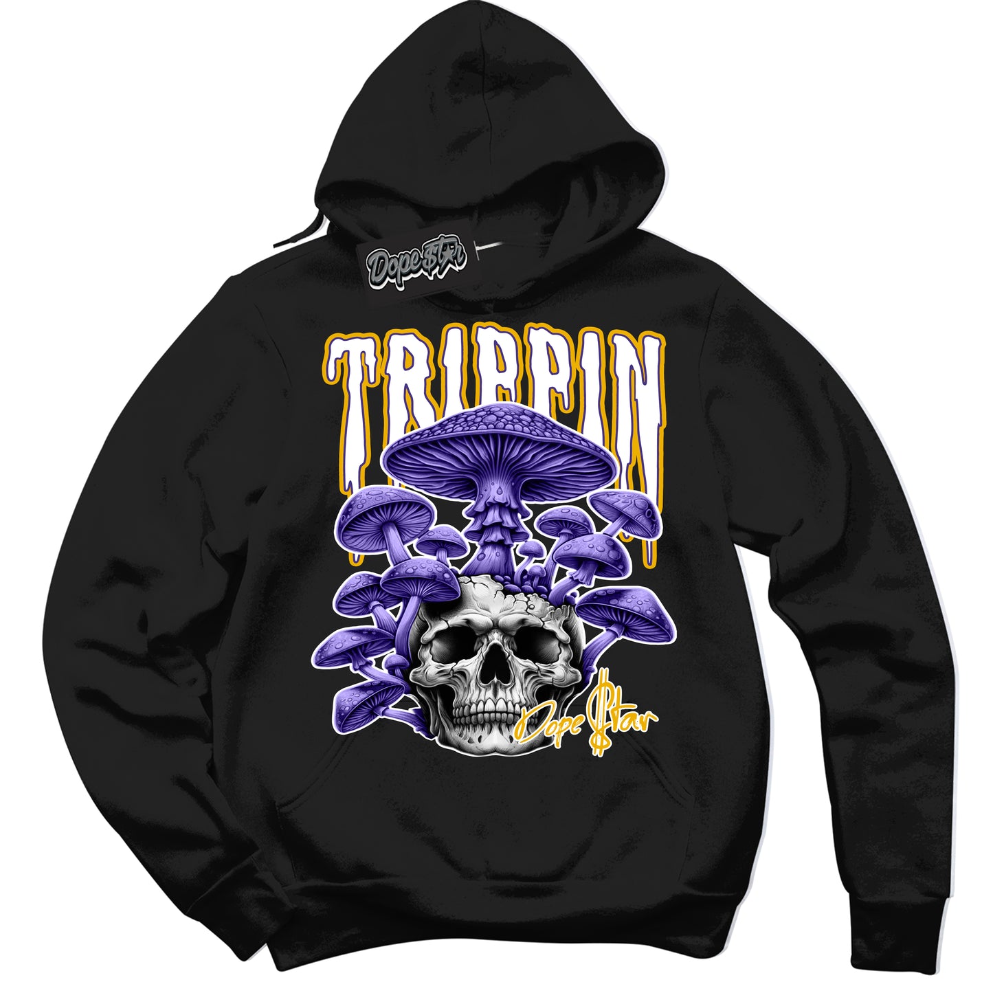 Cool Black Hoodie with “Trippin” design that Perfectly Matches Air Force 1 QS Kobe Lakers Home Sneakers.
