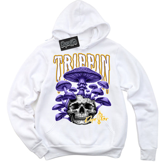 Cool White Hoodie with “Trippin” design that Perfectly Matches Air Force 1 QS Kobe Lakers Home Sneakers.
