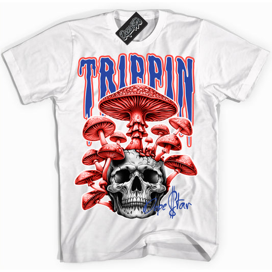 Cool White Shirt with “Trippin” design that perfectly matches Ultramarine 180s.