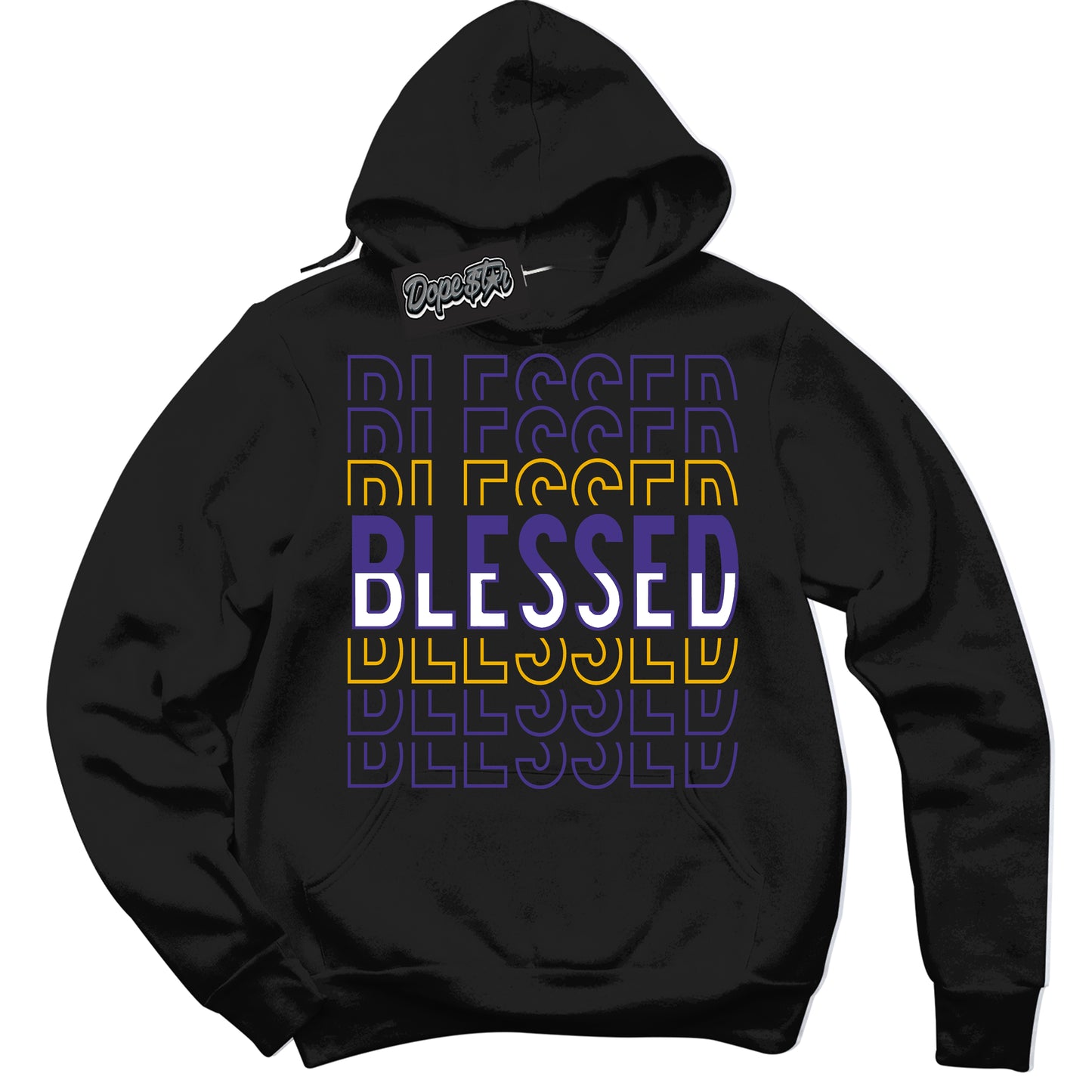 Cool Black Hoodie with “Blessed Stacked” design that Perfectly Matches Kobe 8 Protro Lakers Home Sneakers.