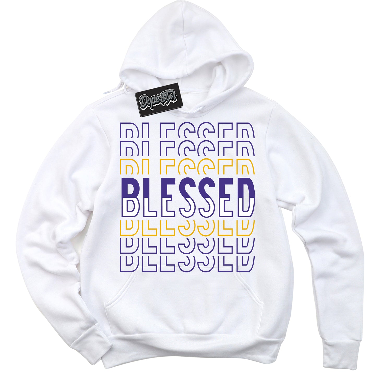 Cool White Hoodie with “Blessed Stacked” design that Perfectly Matches Kobe 8 Protro Lakers Home Sneakers.