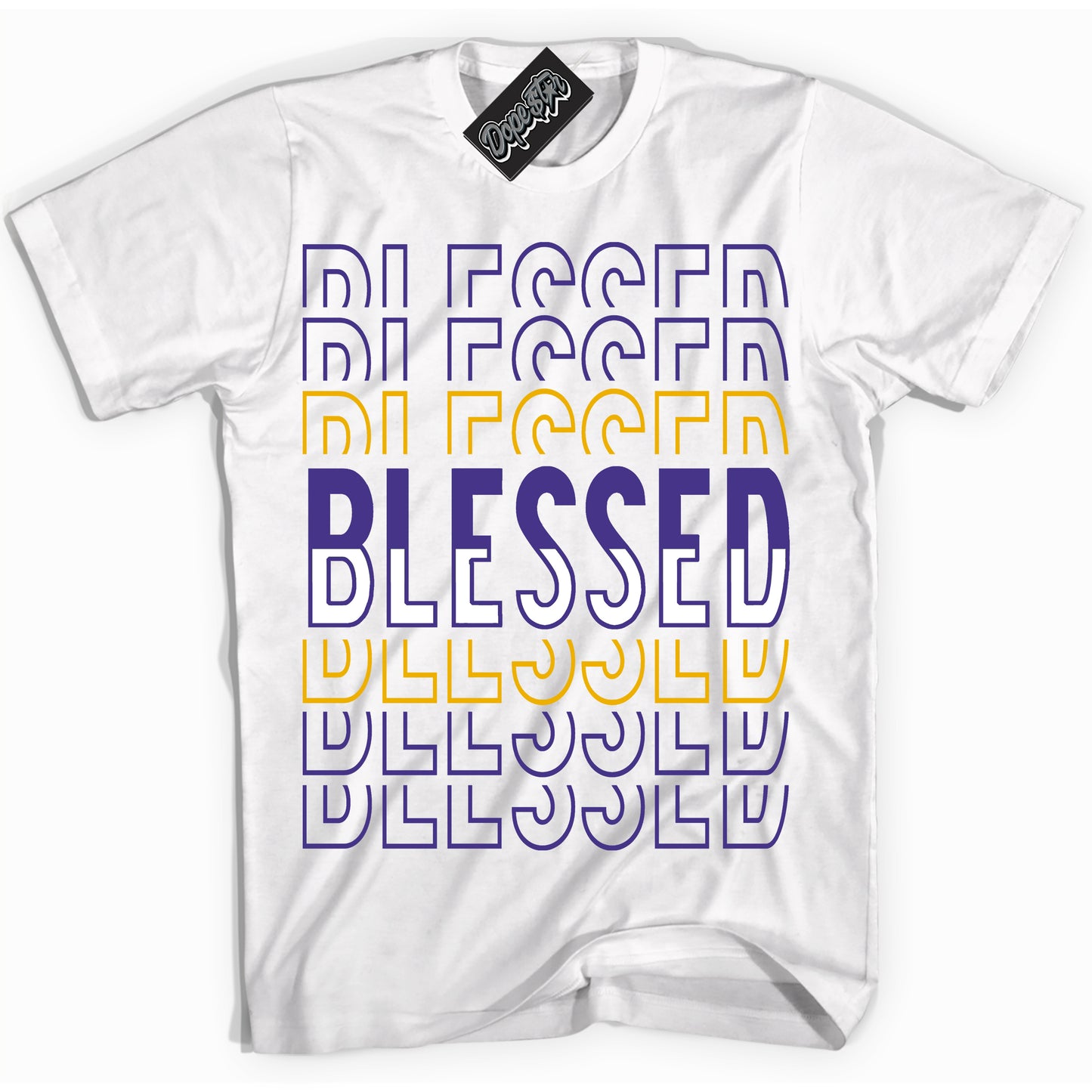 Cool White Shirt with “Blessed Stacked” design that perfectly matches the Kobe 8 Protro Lakers Home Sneakers.