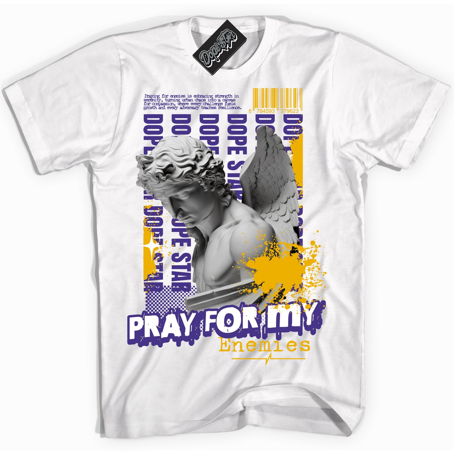 Cool White Shirt with “Pray Enemies” design that perfectly matches the Kobe 8 Protro Lakers Home Sneakers.