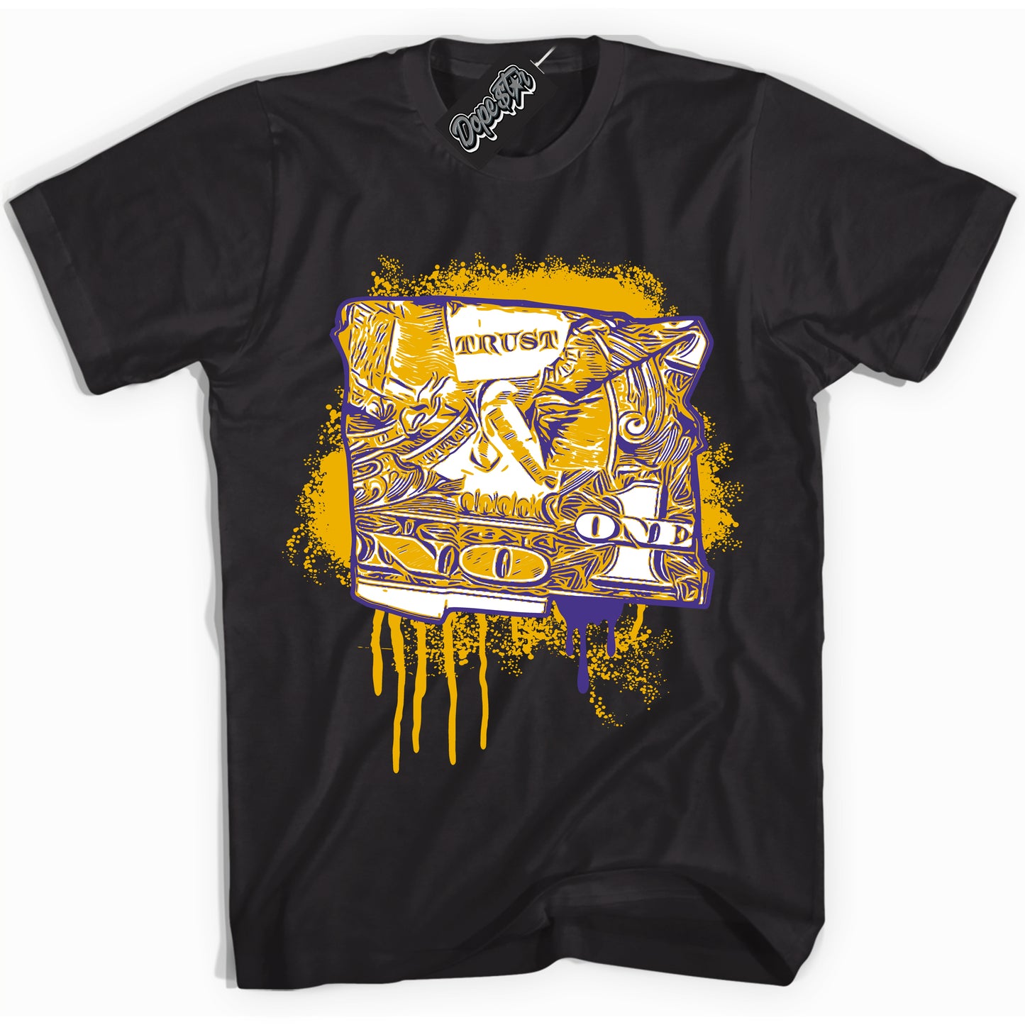 Cool Black Shirt with “Trust No One Dollar” design that perfectly matches the Kobe 8 Protro Lakers Home Sneakers.