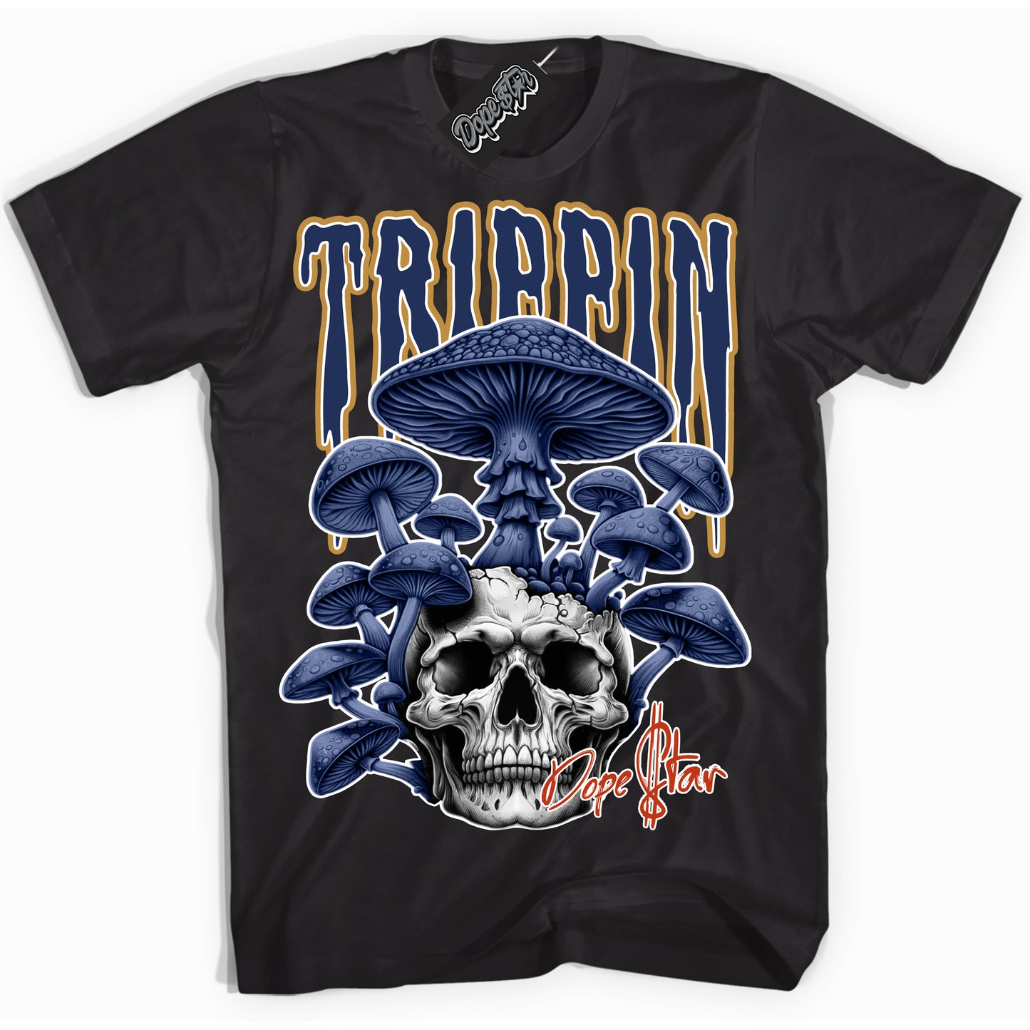Cool Black Shirt with “Trippin” design that perfectly matches Orange Label Navy Gum Dunk.
