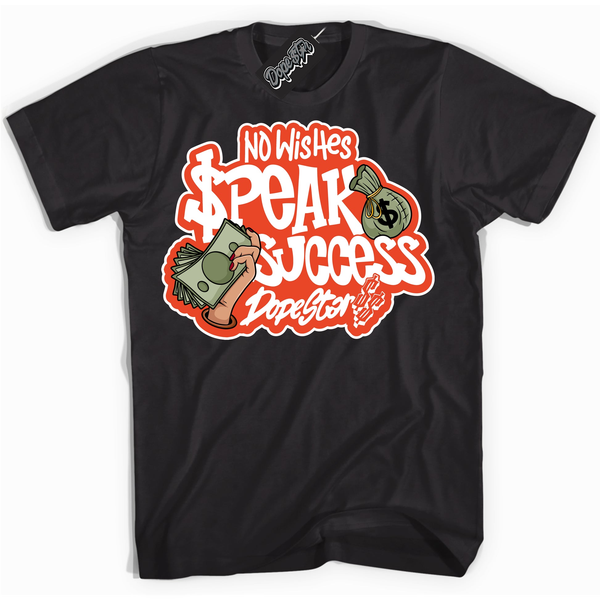 Cool Black Shirt with “No Wish Speak Success” design that perfectly matches Cosmic Clay Dunk.