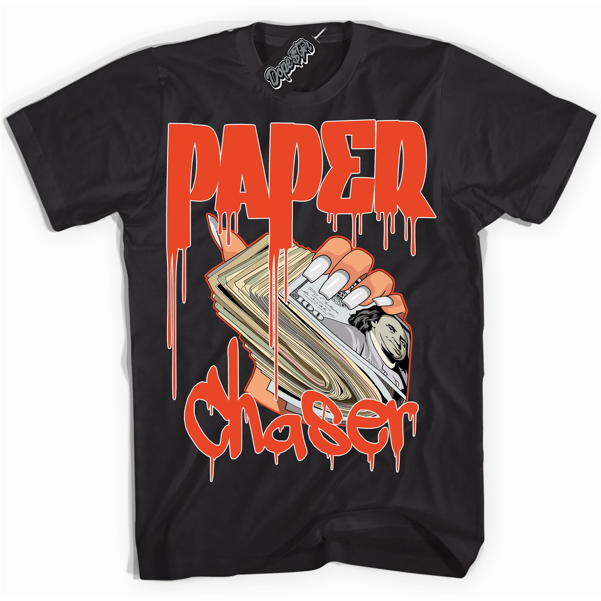 Cool Black Shirt with “Paper Chaser” design that perfectly matches Cosmic Clay Dunk.