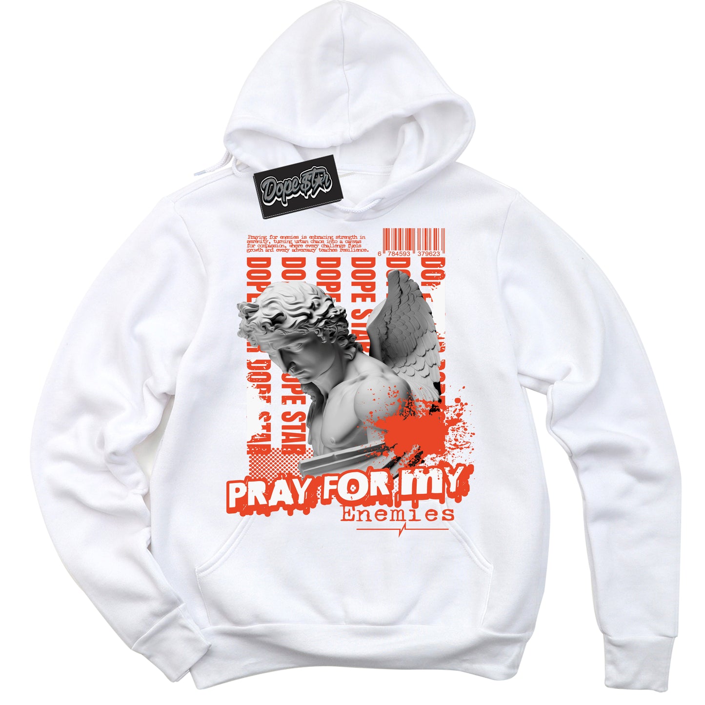 Cool White Hoodie with “Pray Enemies” design that Perfectly Matches Cosmic Clay Dunk.
