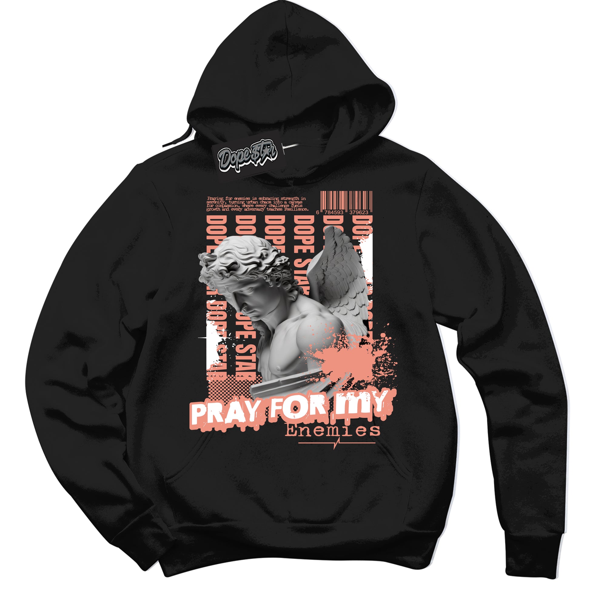Cool Black Hoodie with “Pray Enemies” design that Perfectly Matches Light Wild Mango Dunk.
