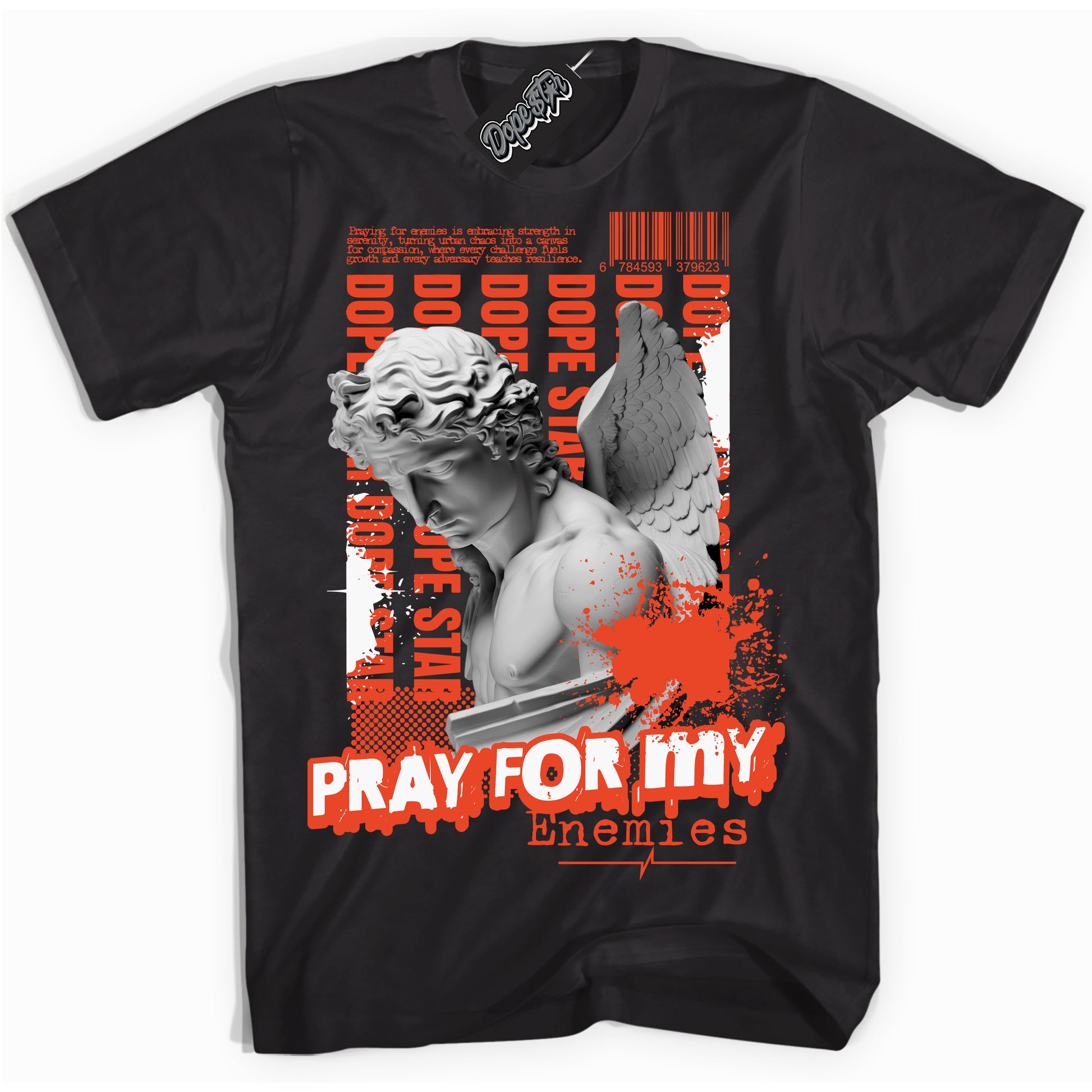 Cool Black Shirt with “Pray Enemies” design that perfectly matches Cosmic Clay Dunk.
