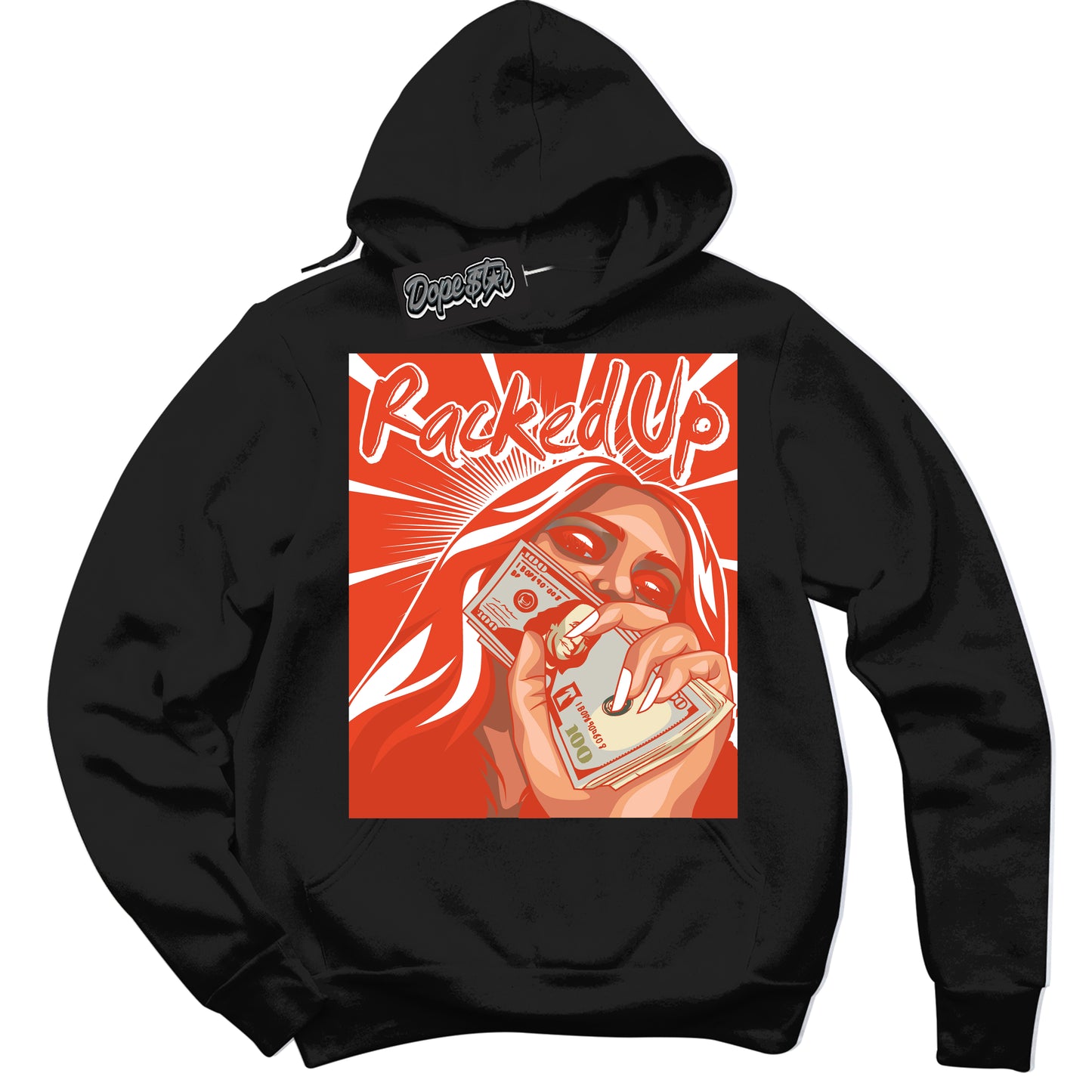 Cool Black Hoodie with “Racked Up” design that Perfectly Matches Cosmic Clay Dunk.