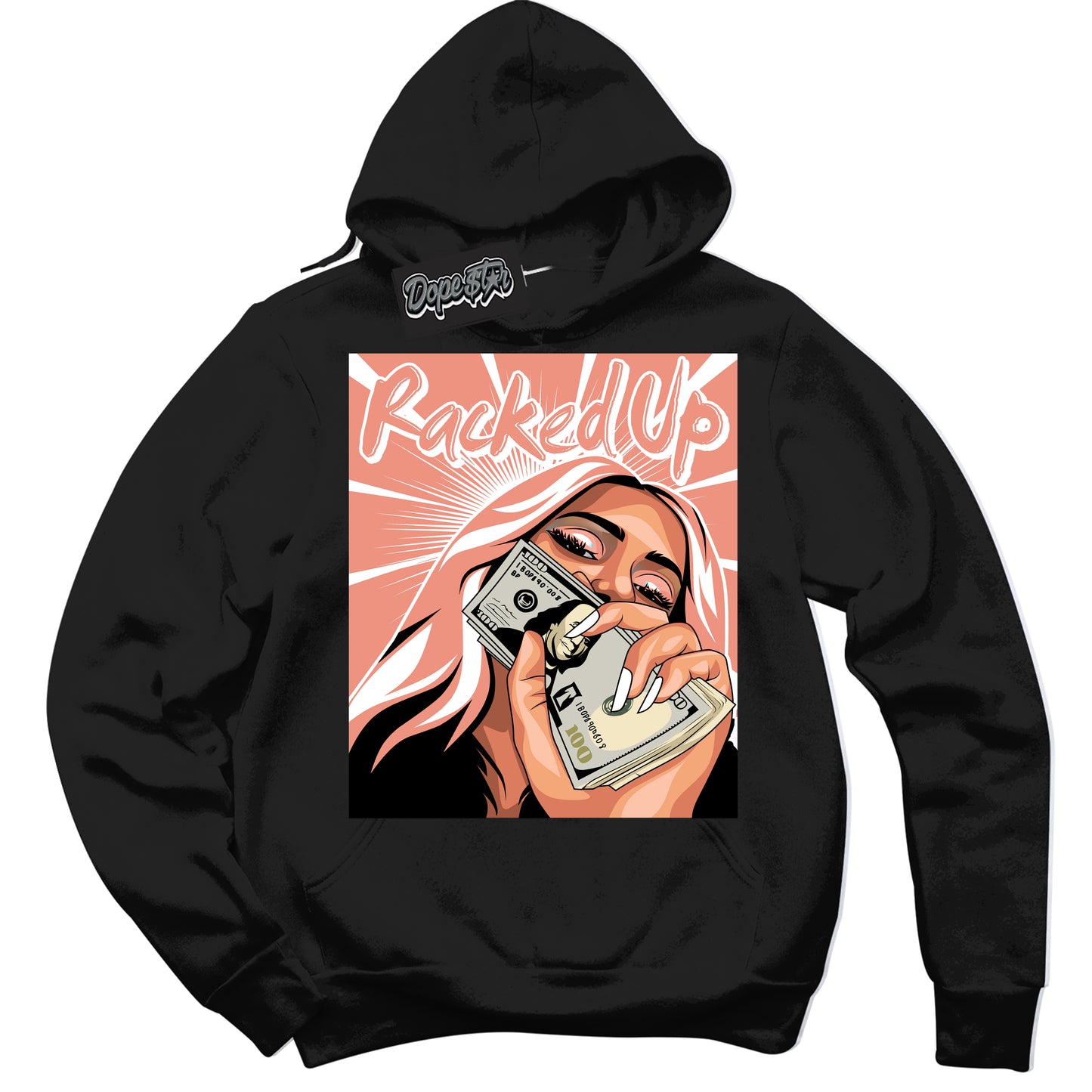Cool Black Hoodie with “Racked Up” design that Perfectly Matches Light Wild Mango Dunk.
