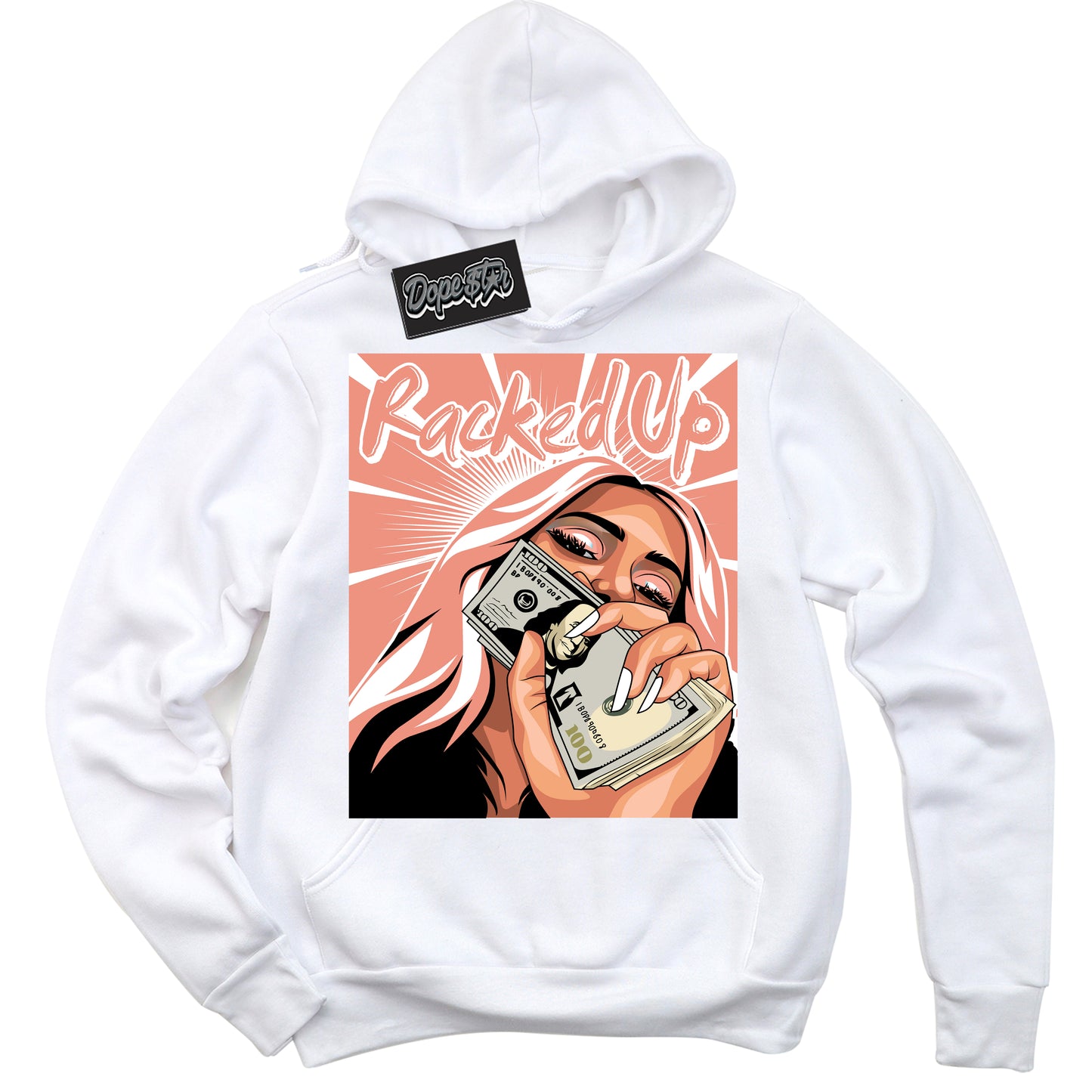 Cool Black Hoodie with “Racked Up” design that Perfectly Matches Light Wild Mango Dunk.
