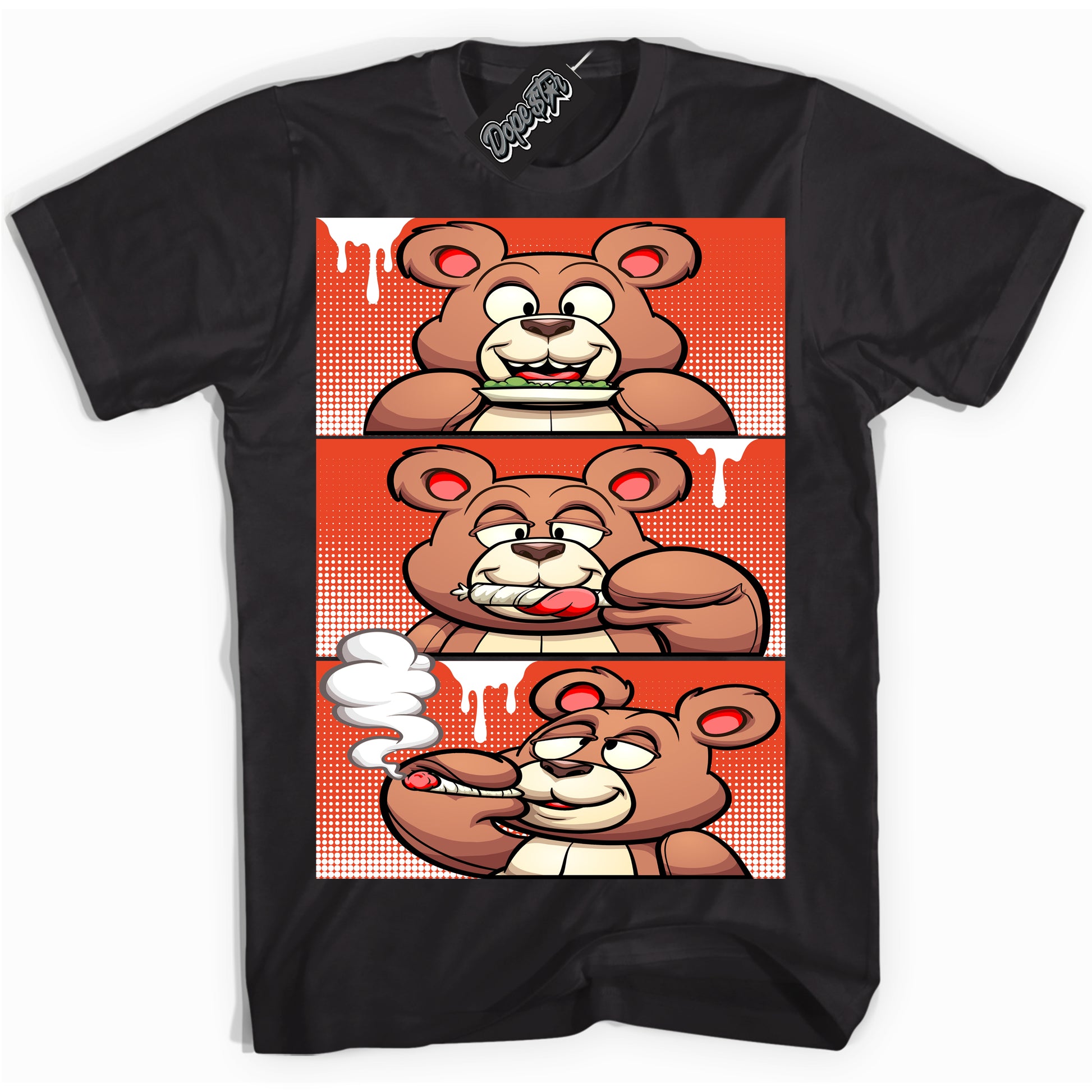 Cool Black Shirt with “Roll It Lick It Smoke It Bear” design that perfectly matches Cosmic Clay Dunk.
