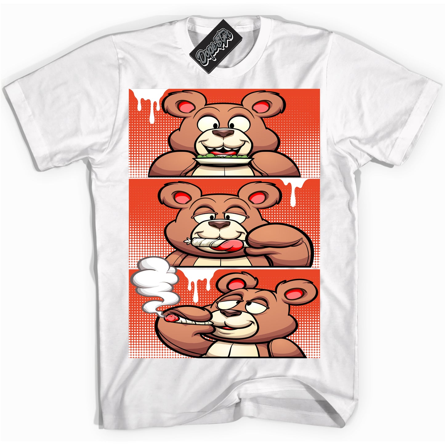 Cool White Shirt with “Roll It Lick It Smoke It Bear” design that perfectly matches Cosmic Clay Dunk.